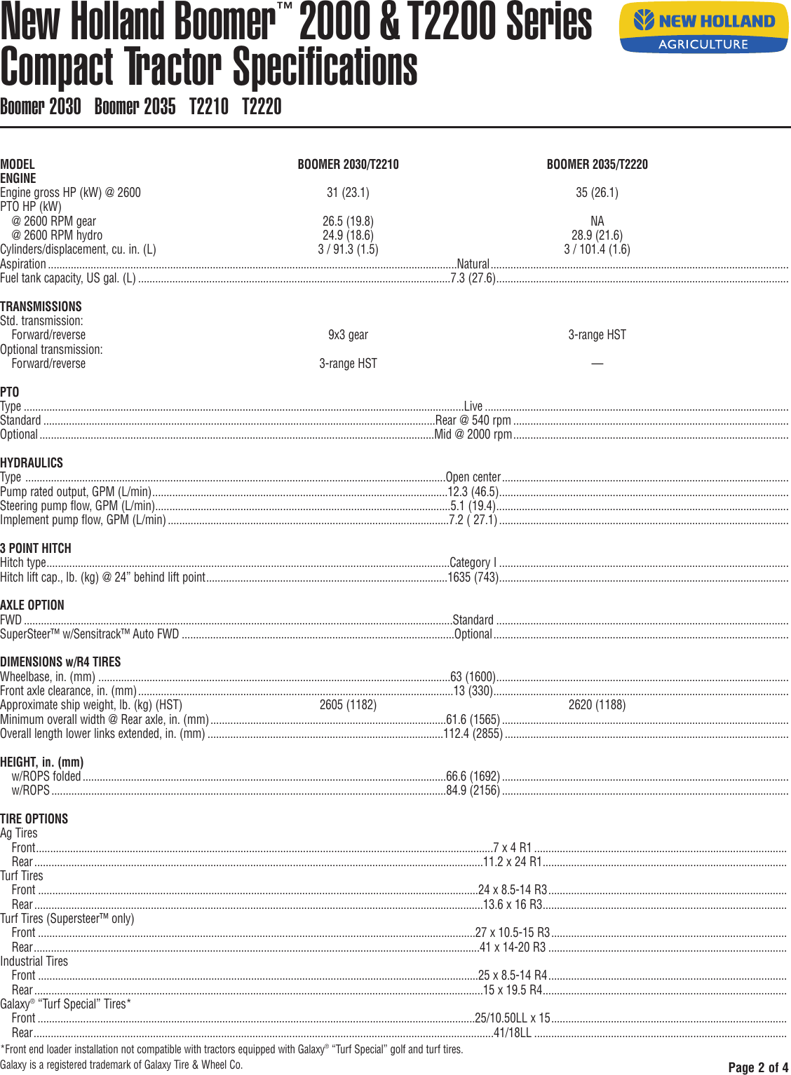 Page 2 of 4 - New-Holland New-Holland-Boomer-1030-Users-Manual- NH Spec Sheet Master_4col(vert)  New-holland-boomer-1030-users-manual