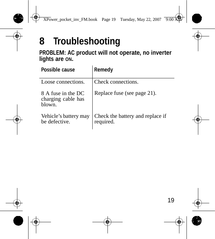                 XPower_pocket_inv_FM.book  Page 19  Tuesday, May 22, 2007  9:00 AM   8  Troubleshooting PROBLEM: AC product will not operate, no inverter lights are ON.  Possible cause Remedy  Loose connections.  Check connections.  8 A fuse in the DC charging cable has blown.  Vehicle&rsquo;s battery may be defective.  Replace fuse (see page 21).    Check the battery and replace if required.             19    