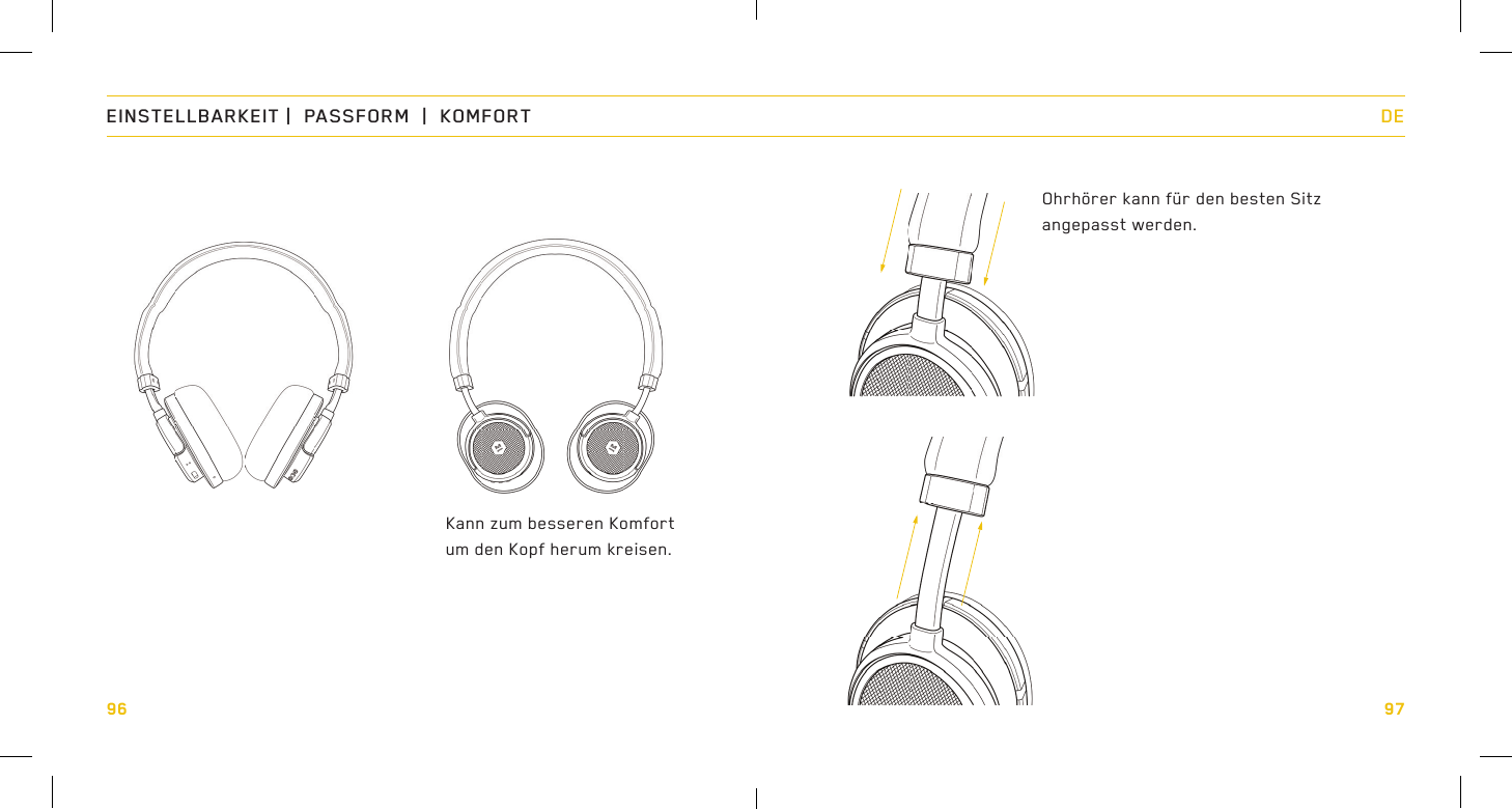 96EINSTELLBARKEIT |  PASSFORM  |  KOMFORT DE97Kann zum besseren Komfort um den Kopf herum kreisen.Ohrhörer kann für den besten Sitz angepasst werden.