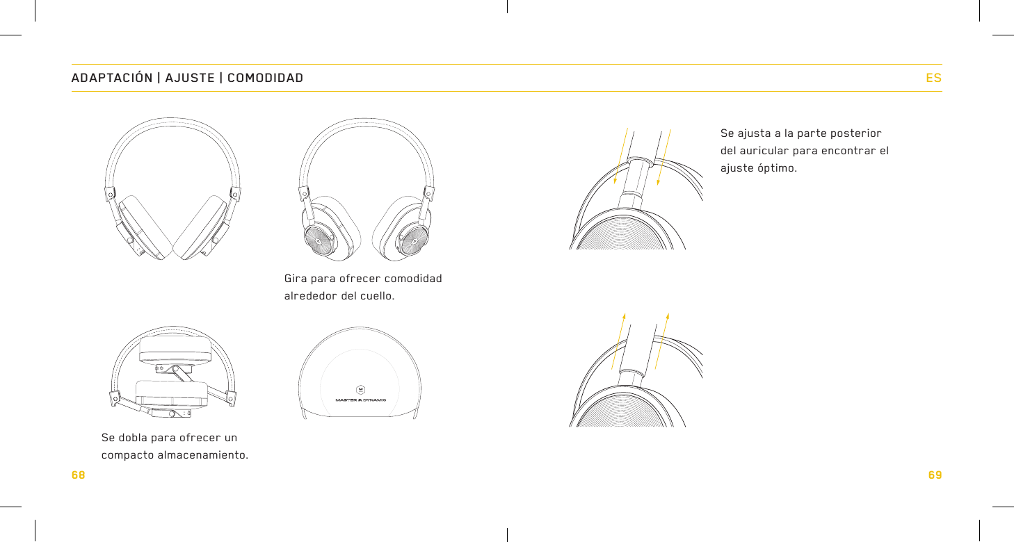 68Se ajusta a la parte posterior del auricular para encontrar el ajuste óptimo.ADAPTACIÓN | AJUSTE | COMODIDADGira para ofrecer comodidad alrededor del cuello.Se dobla para ofrecer un compacto almacenamiento.69ES
