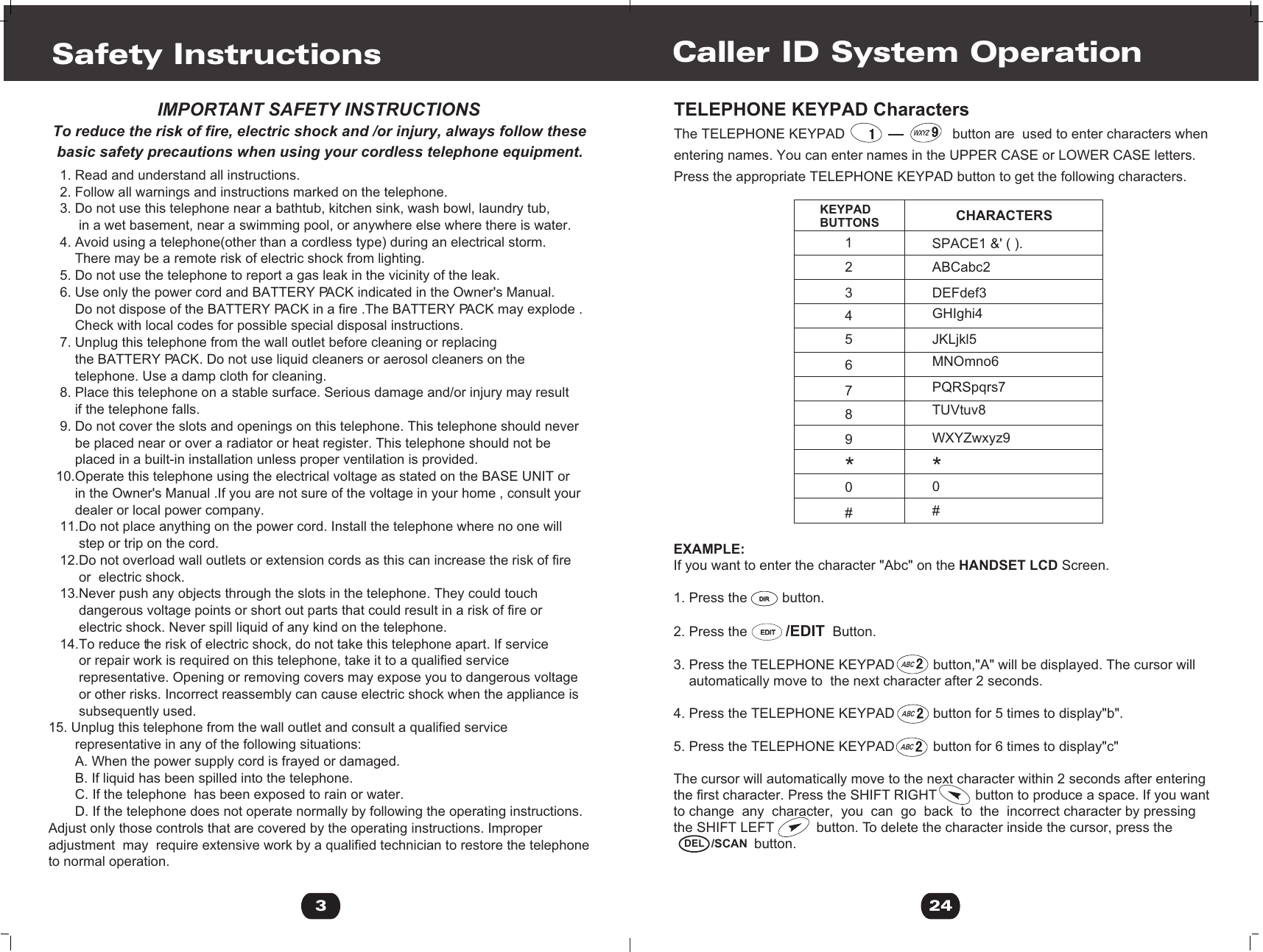 ABCABCABC3   1. Read and understand all instructions.   2. Follow all warnings and instructions marked on the telephone.   3. Do not use this telephone near a bathtub, kitchen sink, wash bowl, laundry tub,        in a wet basement, near a swimming pool, or anywhere else where there is water.   4. Avoid using a telephone(other than a cordless type) during an electrical storm.       There may be a remote risk of electric shock from lighting.   5. Do not use the telephone to report a gas leak in the vicinity of the leak.   6. Use only the power cord and BATTERY PACK indicated in the Owner&apos;s Manual.       Do not dispose of the BATTERY PACK in a fire .The BATTERY PACK may explode .       Check with local codes for possible special disposal instructions.   7. Unplug this telephone from the wall outlet before cleaning or replacing        the BATTERY PACK. Do not use liquid cleaners or aerosol cleaners on the       telephone. Use a damp cloth for cleaning.    8. Place this telephone on a stable surface. Serious damage and/or injury may result        if the telephone falls.   9. Do not cover the slots and openings on this telephone. This telephone should never       be placed near or over a radiator or heat register. This telephone should not be       placed in a built-in installation unless proper ventilation is provided.  10.Operate this telephone using the electrical voltage as stated on the BASE UNIT or        in the Owner&apos;s Manual .If you are not sure of the voltage in your home , consult your        dealer or local power company.   11.Do not place anything on the power cord. Install the telephone where no one will         step or trip on the cord.   12.Do not overload wall outlets or extension cords as this can increase the risk of fire         or  electric shock.   13.Never push any objects through the slots in the telephone. They could touch         dangerous voltage points or short out parts that could result in a risk of fire or         electric shock. Never spill liquid of any kind on the telephone.   14.To reduce the risk of electric shock, do not take this telephone apart. If service         or repair work is required on this telephone, take it to a qualified service        representative. Opening or removing covers may expose you to dangerous voltage         or other risks. Incorrect reassembly can cause electric shock when the appliance is        subsequently used.15. Unplug this telephone from the wall outlet and consult a qualified service       representative in any of the following situations:       A. When the power supply cord is frayed or damaged.       B. If liquid has been spilled into the telephone.       C. If the telephone  has been exposed to rain or water.       D. If the telephone does not operate normally by following the operating instructions. Adjust only those controls that are covered by the operating instructions. Improper adjustment  may  require extensive work by a qualified technician to restore the telephone to normal operation.Safety Instructions                         IMPORTANT SAFETY INSTRUCTIONSTo reduce the risk of fire, electric shock and /or injury, always follow these basic safety precautions when using your cordless telephone equipment.EXAMPLE:If you want to enter the character &quot;Abc&quot; on the HANDSET LCD Screen.1. Press the         button.2. Press the          /EDIT  Button.3. Press the TELEPHONE KEYPAD          button,&quot;A&quot; will be displayed. The cursor will     automatically move to  the next character after 2 seconds.4. Press the TELEPHONE KEYPAD          button for 5 times to display&quot;b&quot;.5. Press the TELEPHONE KEYPAD          button for 6 times to display&quot;c&quot;The cursor will automatically move to the next character within 2 seconds after enteringthe first character. Press the SHIFT RIGHT          button to produce a space. If you wantto change  any  character,  you  can  go  back  to  the  incorrect character by pressingthe SHIFT LEFT           button. To delete the character inside the cursor, press the                      button.KEYPAD BUTTONS CHARACTERS                                   SPACE1 &amp;&apos; ( ).ABCabc2DEFdef3GHIghi4JKLjkl5MNOmno6PQRSpqrs7TUVtuv8WXYZwxyz9123456789**00##Caller ID System Operation24TELEPHONE KEYPAD CharactersThe TELEPHONE KEYPAD                            button are  used to enter characters when entering names. You can enter names in the UPPER CASE or LOWER CASE letters.Press the appropriate TELEPHONE KEYPAD button to get the following characters.DIRDIREDITEDIT/SCANDELWXYZ