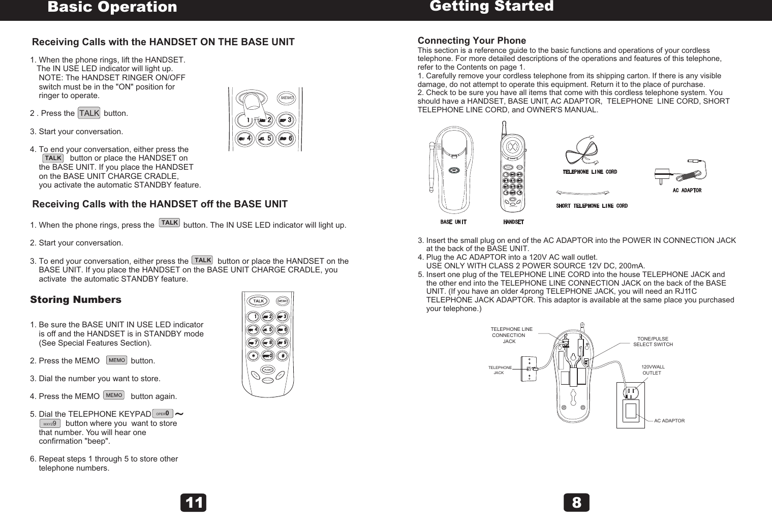 Getting StartedConnecting Your PhoneThis section is a reference guide to the basic functions and operations of your cordless telephone. For more detailed descriptions of the operations and features of this telephone, refer to the Contents on page 1.1. Carefully remove your cordless telephone from its shipping carton. If there is any visible damage, do not attempt to operate this equipment. Return it to the place of purchase.2. Check to be sure you have all items that come with this cordless telephone system. You should have a HANDSET, BASE UNIT, AC ADAPTOR,  TELEPHONE  LINE CORD, SHORT TELEPHONE LINE CORD, and OWNER&apos;S MANUAL.3. Insert the small plug on end of the AC ADAPTOR into the POWER IN CONNECTION JACK     at the back of the BASE UNIT. 4. Plug the AC ADAPTOR into a 120V AC wall outlet.    USE ONLY WITH CLASS 2 POWER SOURCE 12V DC, 200mA.5. Insert one plug of the TELEPHONE LINE CORD into the house TELEPHONE JACK and     the other end into the TELEPHONE LINE CONNECTION JACK on the back of the BASE     UNIT. (If you have an older 4prong TELEPHONE JACK, you will need an RJ11C     TELEPHONE JACK ADAPTOR. This adaptor is available at the same place you purchased     your telephone.)8IN USECHARGEPAGEPAGEVOLUMESCANREDIAL/PAUSEFLASHMEMOTALK   TELEPHONE        JACKTELEPHONE LINE CONNECTION         JACK   120VWALL    OUTLET   AC ADAPTOR   TONE/PULSESELECT SWITCHBasic OperationOPER0WXYZ9Receiving Calls with the HANDSET ON THE BASE UNIT1. When the phone rings, lift the HANDSET.   The IN USE LED indicator will light up.    NOTE: The HANDSET RINGER ON/OFF     switch must be in the &quot;ON&quot; position for     ringer to operate.2 . Press the  TALK  button.3. Start your conversation.4. To end your conversation, either press the                   button or place the HANDSET on     the BASE UNIT. If you place the HANDSET     on the BASE UNIT CHARGE CRADLE,     you activate the automatic STANDBY feature. Receiving Calls with the HANDSET off the BASE UNIT1. When the phone rings, press the             button. The IN USE LED indicator will light up.2. Start your conversation.3. To end your conversation, either press the             button or place the HANDSET on the     BASE UNIT. If you place the HANDSET on the BASE UNIT CHARGE CRADLE, you     activate  the automatic STANDBY feature.Storing Numbers1. Be sure the BASE UNIT IN USE LED indicator    is off and the HANDSET is in STANDBY mode    (See Special Features Section).2. Press the MEMO              button.3. Dial the number you want to store.4. Press the MEMO              button again.5. Dial the TELEPHONE KEYPAD                           button where you  want to store     that number. You will hear one      confirmation &quot;beep&quot;.6. Repeat steps 1 through 5 to store other     telephone numbers. TALKTALKTALK11MEMOTALKVOLUMESCANREDIAL/PAUSE