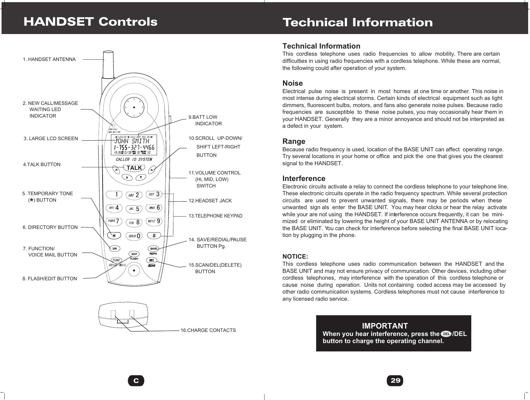 Technical InformationThis  cordless  telephone  uses  radio  frequencies  to  allow  mobility. There are certain difficulties in using radio frequencies with a cordless telephone. While these are normal, the following could after operation of your system.NoiseElectrical  pulse  noise  is  present  in  most  homes  at one time or another. This noise in most intense during electrical storms. Certain kinds of electrical  equipment such as lightdimmers, fluorescent bulbs, motors, and fans also generate noise pulses. Because radio frequencies  are  susceptible  to  these  noise pulses, you may occasionally hear them inyour HANDSET. Generally  they are a minor annoyance and should not be interpreted as a defect in your  system.RangeBecause radio frequency is used, location of the BASE UNIT can affect  operating range. Try several locations in your home or office  and pick the  one that gives you the clearest signal to the HANDSET.InterferenceElectronic circuits activate a relay to connect the cordless telephone to your telephone line.These electronic circuits operate in the radio frequency spectrum. While several protection circuits   are  used  to  prevent  unwanted  signals,  there  may  be  periods  when  these unwanted  sign als  enter  the BASE UNIT.  You may hear clicks or hear the relay  activate while your are not using  the HANDSET. If interference occurs frequently, it can  be  mini-mized  or eliminated by lowering the height of your BASE UNIT ANTENNA or by relocatingthe BASE UNIT. You can check for interference before selecting the final BASE UNIT loca-tion by plugging in the phone.NOTICE:This  cordless  telephone  uses  radio  communication  between  the  HANDSET  and the BASE UNIT and may not ensure privacy of communication. Other devices, including other cordless  telephones,  may interference  with the operation of  this  cordless telephone or cause  noise  during  operation.  Units not containing  coded access may be accessed  by other radio communication systems. Cordless telephones must not cause  interference to any licensed radio service.Technical Information29                      IMPORTANTWhen you hear interference, press the       /DEL button to charge the operating channel.DELHANDSET Controls1. HANDSET ANTENNA2. NEW CALL/MESSAGE     WAITING LED     INDICATOR 3. LARGE LCD SCREEN9.BATT LOW     INDICATOR 10.SCROLL  UP-DOWN/      SHIFT LEFT-RIGHT      BUTTON 11.VOLUME CONTROL     (Hi, MID, LOW)       SWITCH4.TALK BUTTON    13.TELEPHONE KEYPAD      14. SAVE/REDIAL/PAUSE      BUTTON Pg.15.SCAN/DEL(DELETE)     BUTTON 8. FLASH/EDIT BUTTON    12.HEADSET JACK        5. TEMPORARY TONE ( ) BUTTON*                       6. DIRECTORY BUTTON           7. FUNCTION/       VOICE MAIL BUTTON          16.CHARGE CONTACTSL D C C F CALLSAMAM MIN MIN NEWNEWPMPMSEC RPTSEC RPTTOTALTOTALBATT MSG    DIRFLASHFLASHEDITEDITDIRDIRRE/PARE/PASAVESAVETALKC