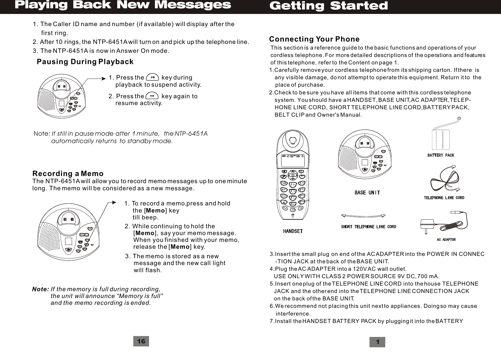 Getting StartedConnecting Your Phone This section is a reference guide to the basic functions and operations of your cordless telephone. For more detailed descriptions of the operations and features of this telephone, refer to the Content on page 1.1.Carefully remove your cordless telephone from its shipping carton. If there  is    any visible damage, do not attempt to operate this equipment. Return it to  the    place of purchase.2.Check to be sure you have all items that come with this cordless telephone     system. You should have a HANDSET, BASE UNIT,AC ADAPTER,TELEP-    HONE LINE CORD, SHORT  TELEPHONE LINE CORD,BATTERY PACK,     BELT CLIP and Owner&apos;s Manual.3.Insert the small plug  on end of the AC ADAPTER into the POWER  IN CONNEC    -TION JACK at the back of the BASE UNIT.4.Plug the AC  ADAPTER into a 120V AC wall outlet.   USE ONLY WITH CLASS 2 POWER SOURCE 9V DC, 700 mA.5.Insert one plug of the TELEPHONE LINE CORD into the house TELEPHONE   JACK and the other end into the TELEPHONE LINE CONNECTION JACK   on the back of the BASE UNIT.6.We recommend not placing this unit next to appliances. Doing so may cause    interference.7.Install the HANDSET BATTERY PACK by plugging it into the BATTERY  1                 1. The Caller ID name and number (if available) will display after the     first ring.2. After 10 rings, the NTP-6451A will turn on and pick up the telephone line.3. The NTP-6451A is now in Answer On mode.Pausing During Playback1. Press the          key during     playback to suspend activity.2. Press the          key again to     resume activity.Note: If still in pause mode after 1 minute,  the NTP-6451A          automatically returns  to standby mode.Recording a MemoThe NTP-6451A will allow you to record memo messages up to one minutelong. The memo will be considered as a new message.Note: If the memory is full during recording,           the unit will announce “Memory is full”           and the memo recording is ended.1. To record a memo,     the [Memo] key    press and hold      till beep.2. While continuing to hold the      [Memo], say your memo message.      When you finished with your memo,      release the [Memo] key.3. The memo is stored as a new      message and the new call light      will flash.16Playing Back New Messages