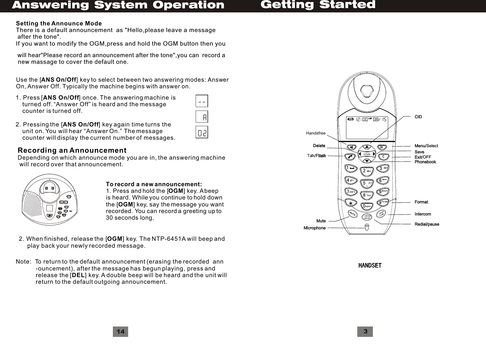 Getting Started3HandsfreeDeleteDeleteTalk/FlashTalkMuteMuteMicrophoneMicrophoneCIDCIDSaveSaveMenu/SelectMenuExit/OFFExitPhonebookPhonebookFormatFormatIntercomIntercomRedial/pauseRedial/pause                 Setting the Announce ModeThere is a default announcement  as &quot;Hello,please leave a message after the tone&quot;.If you want to modify the OGM,press and hold the OGM button then youwill hear&quot;Please record an announcement after the tone&quot;,you can  record a   new massage to cover the default one.                                                                    Use the [ANS On/Off] key to select between two answering modes: AnswerOn, Answer Off. Typically the machine begins with answer on.Recording an AnnouncementDepending on which announce mode you are in, the answering machine will record over that announcement.1. Press [ANS On/Off] once. The answering machine is     turned off. “Answer Off” is heard and the message     counter is turned off.2. Pressing the [ANS On/Off] key again time turns the     unit on. You will hear “Answer On.” The message     counter will display the current number of messages.To record a new announcement:1. Press and hold the [OGM] key. A beep is heard. While you continue to hold downthe [OGM] key, say the message you wantrecorded. You can record a greeting up to30 seconds long.2. When finished, release the [OGM] key. The NTP-6451A will beep and     play back your newly recorded message.Note:  To return to the default announcement (erasing the recorded  ann            -ouncement), after the message has begun playing, press and            release the [DEL] key. A double beep will be heard and the unit will            return to the default outgoing announcement.14Answering System Operation