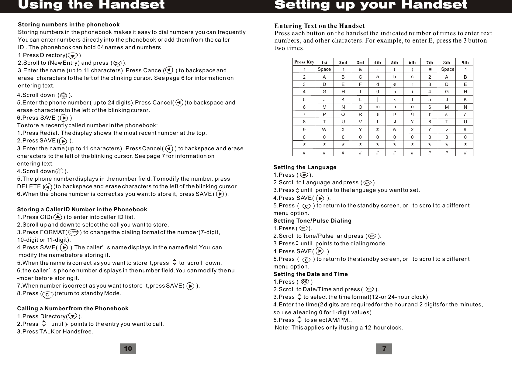 7Setting up your HandsetSetting the Language1.Press (       ).2.Scroll to Language and press (       ).3.Press    until  points to the language you want to set.4.Press SAVE(        ).5.Press  (         ) to return to the standby screen, or   to scroll to a differentmenu option.Setting Tone/Pulse Dialing1.Press (       ).2.Scroll to Tone/Pulse  and press (       ).3.Press    until  points to the dialing mode.4.Press SAVE(        ).5.Press  (         ) to return to the standby screen, or   to scroll to a differentmenu option.Setting the Date and Time1.Press (        )2.Scroll to Date/Time and press (        ).3.Press      to select the time format(12-or 24-hour clock).4.Enter the time(2 digits are required for the hour and 2 digits for the minutes, so use a leading 0 for 1-digit values).5.Press      to select AM/PM.. Note: This applies only if using a 12-hour clock.OKOKOKOKCOKOKCEntering Text on the HandsetPress each button on the handset the indicated number of times to enter textnumbers, and other characters. For example, to enter E, press the 3 buttontwo times. Press Key1234567890*#1stSpaceADGJMPTW0*#2nd1BEHKNQUX0*#3rd&amp;CFILORVY0*#4thadgjmstz0*#5thbehknpuw0*#6th)cfiloqvx0*#7th.23456r8y0*#8thADGJMsTz0*#Space(9th1BEHKN7U90*#10Using the Handset     4.Scroll down  (      ).5.Enter the phone number ( up to 24 digits).Press Cancel(        )to backspace anderase characters to the left of the blinking cursor.6.Press SAVE (       ).To store a recently called number in the phonebook:1.Press Redial. The display shows  the most recent number at the top.2.Press SAVE (       ).3.Enter the name (up to 11 characters). Press Cancel(       ) to backspace and erasecharacters to the left of the blinking cursor. See page 7 for information onentering text.4.Scroll down(     ).5.The phone number displays in the number field. To modify the number, pressDELETE (       )to backspace and erase characters to the left of the blinking cursor.6.When the phone number is correct as you want to store it, press SAVE (       ).Storing a Caller ID Number in the Phonebook1.Press CID(       ) to enter into caller ID list.2.Scroll up and down to select the call you want to store.3.Press FORMAT(         ) to change the dialing format of the number(7-digit,10-digit or 11-digit).4.Press SAVE(         ).The caller s name displays in the name field.You  can  modify the name before storing it.5.When the name is correct as you want to store it,press       to  scroll  down.6.the caller s phone number displays in the number field.You can modify the nu-mber before storing it.7.When number is correct as you want to store it,press SAVE(         ).8.Press (        )return to standby Mode.Calling a Number from the Phonebook1.Press Directory(       ).2.Press        until     points to the entry you want to call.3.Press TALK or Handsfree.VolumeVolumeCOKStoring numbers in the phonebookStoring numbers in the phonebook makes it easy to dial numbers you can frequently.You can enter numbers directly into the phonebook or add them from the callerID . The phonebook can hold 64 names and numbers.1 Press Directory(       )2.Scroll to (New Entry) and press  (       ).3.Enter the name (up to 11 characters). Press Cancel(        ) to backspace and erase  characters to the left of the blinking cursor. See page 6 for information onentering text.