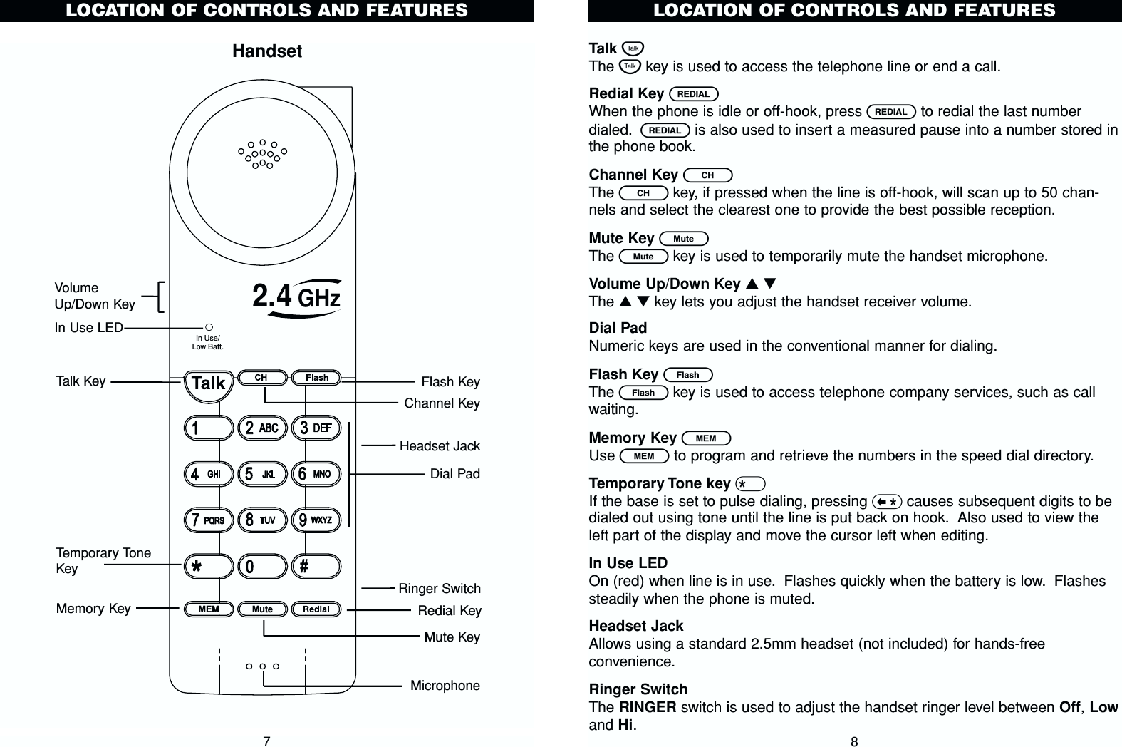 Talk TThe Tkey is used to access the telephone line or end a call.Redial Key RWhen the phone is idle or off-hook, press Rto redial the last numberdialed. Ris also used to insert a measured pause into a number stored inthe phone book.Channel Key cThe ckey, if pressed when the line is off-hook, will scan up to 50 chan-nels and select the clearest one to provide the best possible reception.Mute Key LThe Lkey is used to temporarily mute the handset microphone.Volume Up/Down Key ▲▼The ▲▼key lets you adjust the handset receiver volume.Dial PadNumeric keys are used in the conventional manner for dialing.Flash Key EThe Ekey is used to access telephone company services, such as callwaiting.Memory Key lUse lto program and retrieve the numbers in the speed dial directory.Temporary Tone key *If the base is set to pulse dialing, pressing &lt;causes subsequent digits to bedialed out using tone until the line is put back on hook. Also used to view theleft part of the display and move the cursor left when editing.In Use LEDOn (red) when line is in use. Flashes quickly when the battery is low. Flashessteadily when the phone is muted.Headset JackAllows using a standard 2.5mm headset (not included) for hands-freeconvenience.Ringer SwitchThe RINGER switch is used to adjust the handset ringer level between Off, Lowand Hi.LOCATION OF CONTROLS AND FEATURES8LOCATION OF CONTROLS AND FEATURESHandset7In Use/Low Batt.MuteMEM2.4 GHzHeadset JackFlash KeyMicrophoneRedial KeyDial PadChannel KeyRinger SwitchTalk KeyTemporary ToneKeyMemory KeyIn Use LEDMute KeyVolumeUp/Down Key