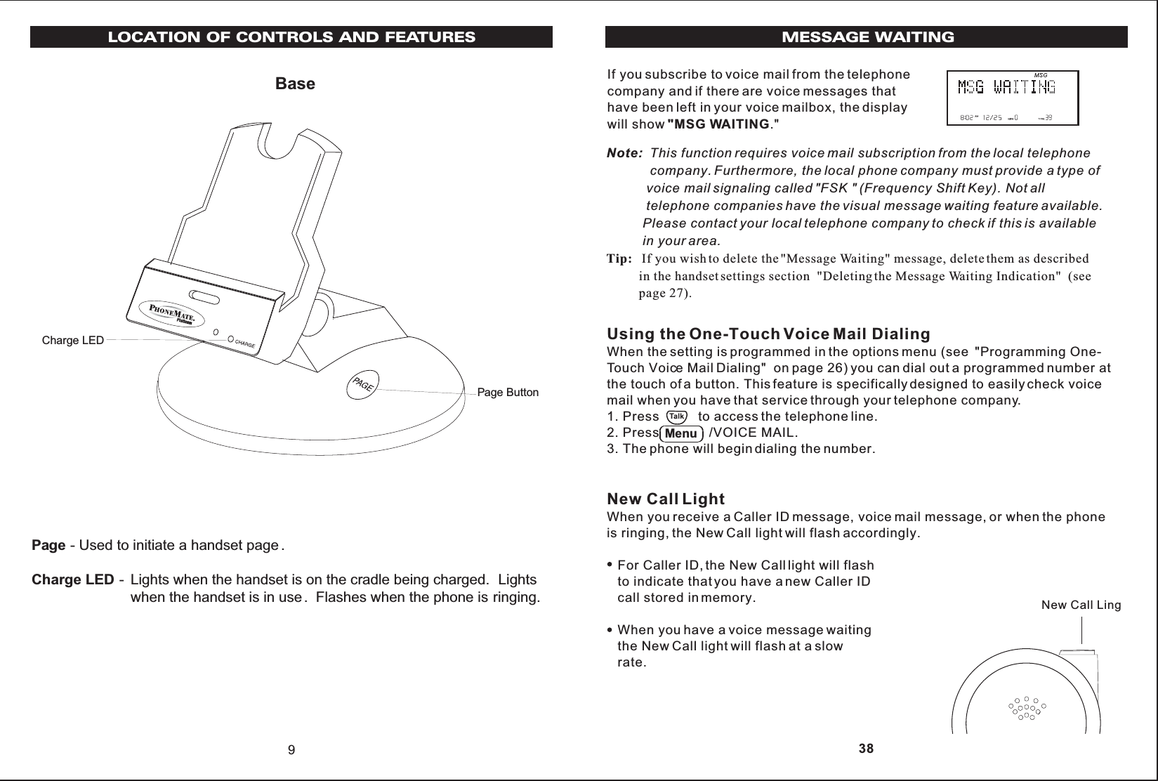 BasePage - Used to initiate a handset page .Charge LED - Lights when the handset is on the cradle being charged. Lightswhen the handset is in use. Flashes when the phone is9Page ButtonCharge LEDLOCATION OF CONTROLS AND FEATURESringing.Using the One-Touch Voice Mail DialingWhen the setting is programmed in the options menu (see  &quot;Programming One-Touch Voice Mail Dialing&quot;  on page 26) you can dial out a programmed number atthe touch of a button. This feature is specifically designed to easily check voicemail when you have that service through your telephone company.1. Press           to access the telephone line.2. Press              /VOICE MAIL.3. The phone will begin dialing the number.New Call LightWhen you receive a Caller ID message, voice mail message, or when the phoneis ringing, the New Call light will flash accordingly.   For Caller ID, the New Call light will flash   to indicate that you have a new Caller ID   call stored in memory.   When you have a voice message waiting   the New Call light will flash at a slow   rate.If you subscribe to voice mail from the telephonecompany and if there are voice messages thathave been left in your voice mailbox, the displaywill show &quot;MSG WAITING.&quot;Note: This function requires voice mail subscription from the local telephone            company. Furthermore, the local phone company must provide a type of           voice mail signaling called &quot;FSK &quot; (Frequency Shift Key). Not all           telephone companies have the visual message waiting feature available.          Please contact your local telephone company to check if this is available          in your area.Tip: If you wish to delete the &quot;Message Waiting&quot; message, delete them as described          in the handset settings section  &quot;Deleting the Message Waiting Indication&quot;  (see          page 27).MenuNew Call LingMESSAGE WAITING 38