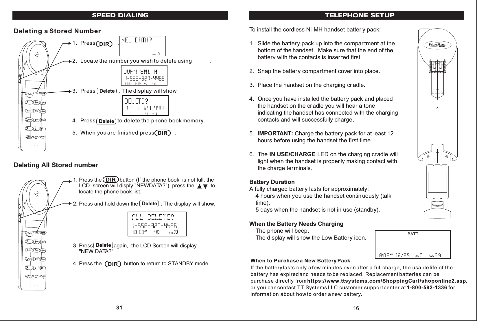 To install the cordless Ni-MH handset batter y pack:1. Slide the battery pack up into the compar tment at thebottom of the handset. Make sure that the end of thebattery with the contacts is inser ted first.2. Snap the battery compartment cover into place.3. Place the handset on the charging cr adle.4. Once you have installed the battery pack and placedthe handset on the cradle you will hear a toneindicating the handset has connected with the chargingcontacts and will successfully charge.5. IMPORTANT: Charge the battery pack for at least 12hours before using the handset the first time .6. The IN USE/CHARGE LED on the charging cradle willlight when the handset is proper ly making contact withthe charge terminals.Battery DurationA fully charged battery lasts for approximately:4 hours when you use the handset continuously (talktime).5 days when the handset is not in use (standby).When the Battery Needs ChargingThe phone will beep.The display will show the Low Battery icon.16TELEPHONE SETUPWhen to Purchase a New Battery PackIf the battery lasts only a few minutes even after a full charge, the usable life of thebattery has expired and needs to be replaced. Replacement batteries can bepurchase directly fromhttps://www.ttsystems.com/ShoppingCart/shoponline2.asp,or you can contact TT Systems LLC customer support center at 1-800-592-1336 forinformation about how to order a new battery.BATTSPEED DIALING1.  Press            .2.  Locate the number you wish to delete using            .3.  Press                . The display will show 4.  Press               to delete the phone book memory.5.  When you are finished press              .Deleting a Stored NumberTalk123ABCDEF456GHIJKLMNO789PQRSTUVMenu RedialFlashWXYZ*0#DIR DeleteCHANEditVoice Mail SaveDIRDeleteDeleteDIR1. Press the         button (If the phone book  is not full, the     LCD  screen will disply &quot;NEWDATA?&quot;)  press the           to     locate the phone book list.2. Press and hold down the               , The display will show.3. Press              again,  the LCD Screen will display     &quot;NEW DATA?&quot;4. Press the               button to return to STANDBY mode.Deleting All Stored number Talk123ABCDEF456GHIJKLMNO789PQRS TUVMenu RedialFlashWXYZ*0#DIR DeleteCHANEditVoice Mail SaveDIRDeleteDeleteDIR 31AMTOTAL