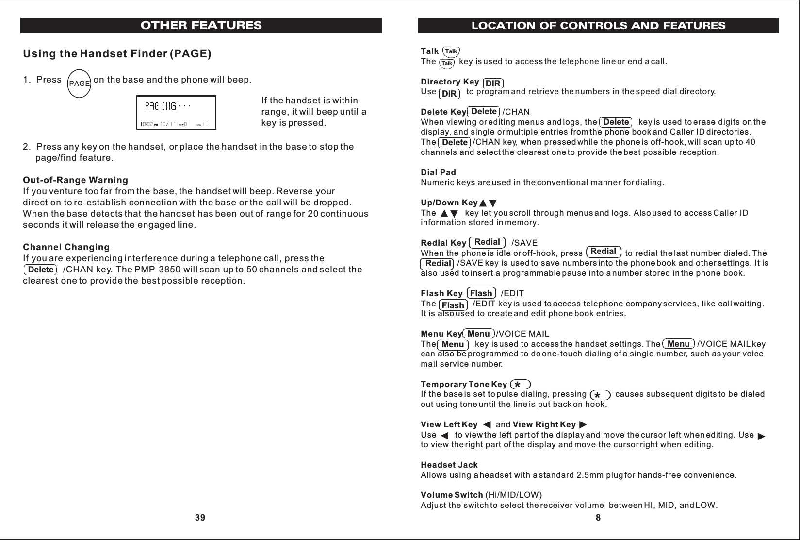 LOCATION OF CONTROLS AND FEATURESTalkThe          key is used to access the telephone line or end a call.Directory KeyUse             to program and retrieve the numbers in the speed dial directory.Delete Key /CHANWhen viewing or editing menus and logs, the                  key is used to erase digits on thedisplay, and single or multiple entries from the phone book and Caller ID directories.The                /CHAN key, when pressed while the phone is off-hook, will scan up to 40channels and select the clearest one to provide the best possible reception.Dial PadNumeric keys are used in the conventional manner for dialing.Up/Down Key The key let you scroll through menus and logs. Also used to access Caller IDinformation stored in memory.Redial Key /SAVEWhen the phone is idle or off-hook, press                   to redial the last number dialed. The                /SAVE key is used to save numbers into the phone book and other settings. It isalso used to insert a programmable pause into a number stored in the phone book.Flash Key /EDITThe                /EDIT key is used to access telephone company services, like call waiting.It is also used to create and edit phone book entries.Menu Key /VOICE MAILThe                 key is used to access the handset settings. The                /VOICE MAIL keycan also be programmed to do one-touch dialing of a single number, such as your voicemail service number.Temporary Tone Key If the base is set to pulse dialing, pressing             causes subsequent digits to be dialedout using tone until the line is put back on hook.View Left Key and View Right KeyUse        to view the left part of the display and move the cursor left when editing. Useto view the right part of the display and move the cursor right when editing.Headset JackAllows using a headset with a standard 2.5mm plug for hands-free convenience.Volume Switch (Hi/MID/LOW)Adjust the switch to select the receiver volume  between HI, MID, and LOW.Talk DIR Talk DIR DeleteDeleteDeleteRedialRedialRedialFlashFlashMenuMenu Menu 8OTHER FEATURESUsing the Handset Finder (PAGE)1.  Press             on the base and the phone will beep.2.  Press any key on the handset, or place the handset in the base to stop the     page/find feature.Out-of-Range WarningIf you venture too far from the base, the handset will beep. Reverse yourdirection to re-establish connection with the base or the call will be dropped.When the base detects that the handset has been out of range for 20 continuousseconds it will release the engaged line.Channel ChangingIf you are experiencing interference during a telephone call, press the                /CHAN key. The PMP-3850 will scan up to 50 channels and select theclearest one to provide the best possible reception.PAGEPMIf the handset is withinrange, it will beep until akey is pressed.Delete 39