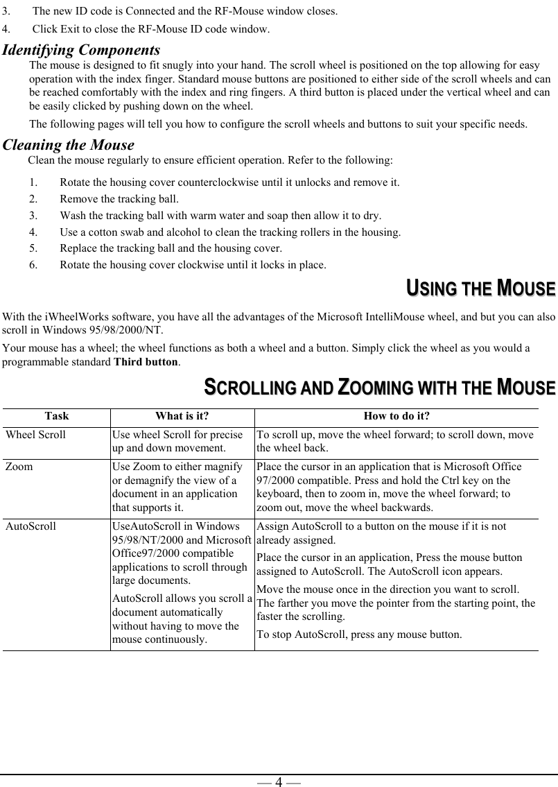   — 4 —3.  The new ID code is Connected and the RF-Mouse window closes. 4.  Click Exit to close the RF-Mouse ID code window. Identifying Components The mouse is designed to fit snugly into your hand. The scroll wheel is positioned on the top allowing for easy operation with the index finger. Standard mouse buttons are positioned to either side of the scroll wheels and can be reached comfortably with the index and ring fingers. A third button is placed under the vertical wheel and can be easily clicked by pushing down on the wheel.   The following pages will tell you how to configure the scroll wheels and buttons to suit your specific needs.  Cleaning the Mouse Clean the mouse regularly to ensure efficient operation. Refer to the following: 1.  Rotate the housing cover counterclockwise until it unlocks and remove it.  2.  Remove the tracking ball.  3.  Wash the tracking ball with warm water and soap then allow it to dry. 4.  Use a cotton swab and alcohol to clean the tracking rollers in the housing. 5.  Replace the tracking ball and the housing cover. 6.  Rotate the housing cover clockwise until it locks in place.    UUSSIINNGG  TTHHEE  MMOOUUSSEE  With the iWheelWorks software, you have all the advantages of the Microsoft IntelliMouse wheel, and but you can also scroll in Windows 95/98/2000/NT. Your mouse has a wheel; the wheel functions as both a wheel and a button. Simply click the wheel as you would a programmable standard Third button.  SSCCRROOLLLLIINNGG  AANNDD  ZZOOOOMMIINNGG  WWIITTHH  TTHHEE  MMOOUUSSEE  Task  What is it?  How to do it? Wheel Scroll  Use wheel Scroll for precise up and down movement. To scroll up, move the wheel forward; to scroll down, move the wheel back. Zoom  Use Zoom to either magnify or demagnify the view of a document in an application that supports it. Place the cursor in an application that is Microsoft Office 97/2000 compatible. Press and hold the Ctrl key on the keyboard, then to zoom in, move the wheel forward; to zoom out, move the wheel backwards. AutoScroll  UseAutoScroll in Windows 95/98/NT/2000 and Microsoft Office97/2000 compatible applications to scroll through large documents. AutoScroll allows you scroll a document automatically without having to move the mouse continuously. Assign AutoScroll to a button on the mouse if it is not already assigned. Place the cursor in an application, Press the mouse button assigned to AutoScroll. The AutoScroll icon appears. Move the mouse once in the direction you want to scroll. The farther you move the pointer from the starting point, the faster the scrolling.  To stop AutoScroll, press any mouse button.     