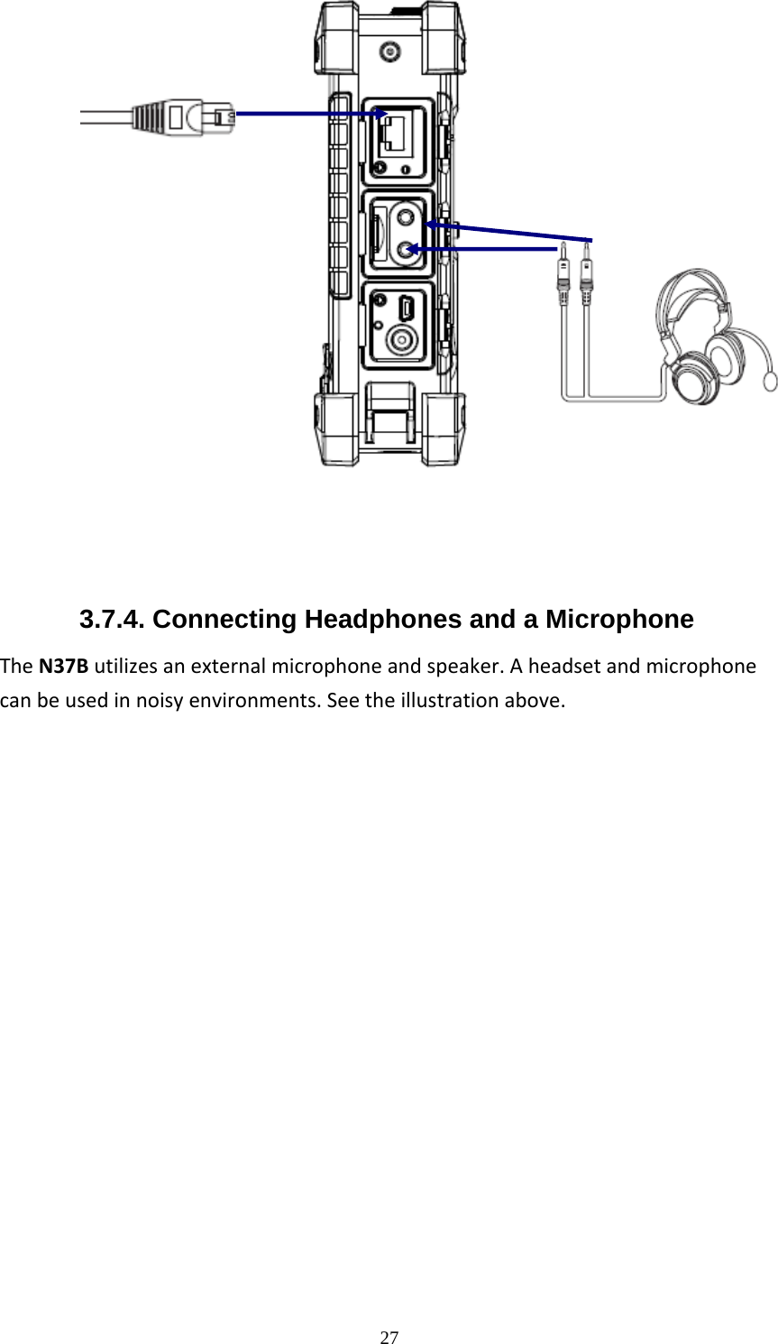  27    3.7.4. Connecting Headphones and a Microphone TheN37Butilizesanexternalmicrophoneandspeaker.Aheadsetandmicrophonecanbeusedinnoisyenvironments.Seetheillustrationabove.              
