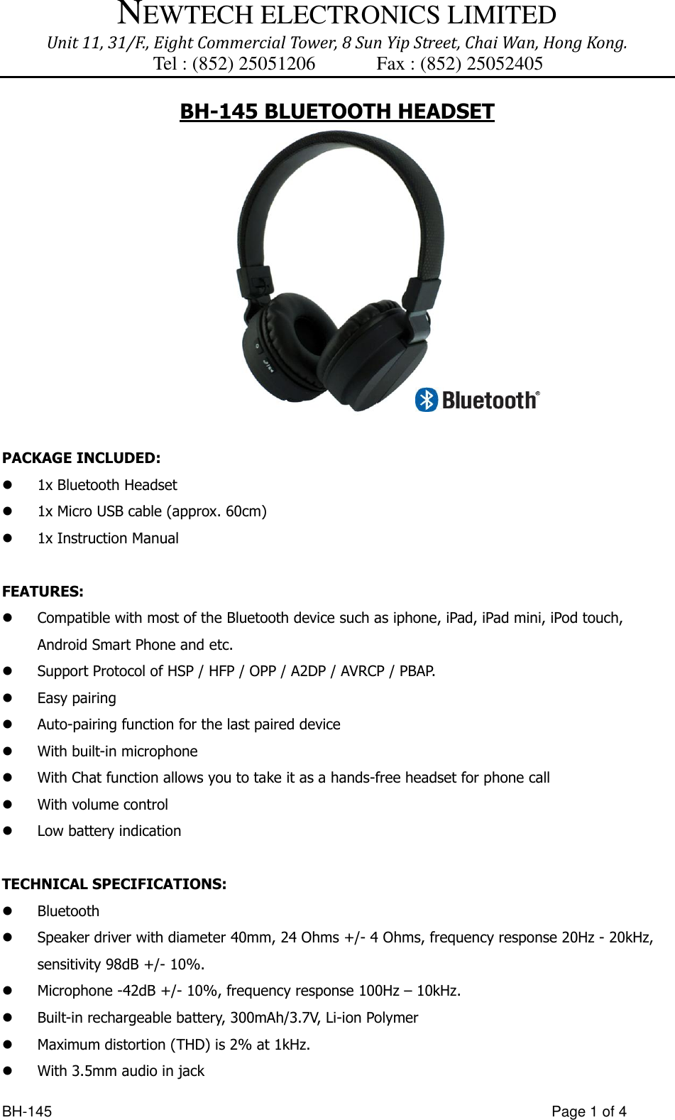 Newtech Electronics BH145 BLUETOOTH HEADPHONE User Manual TO