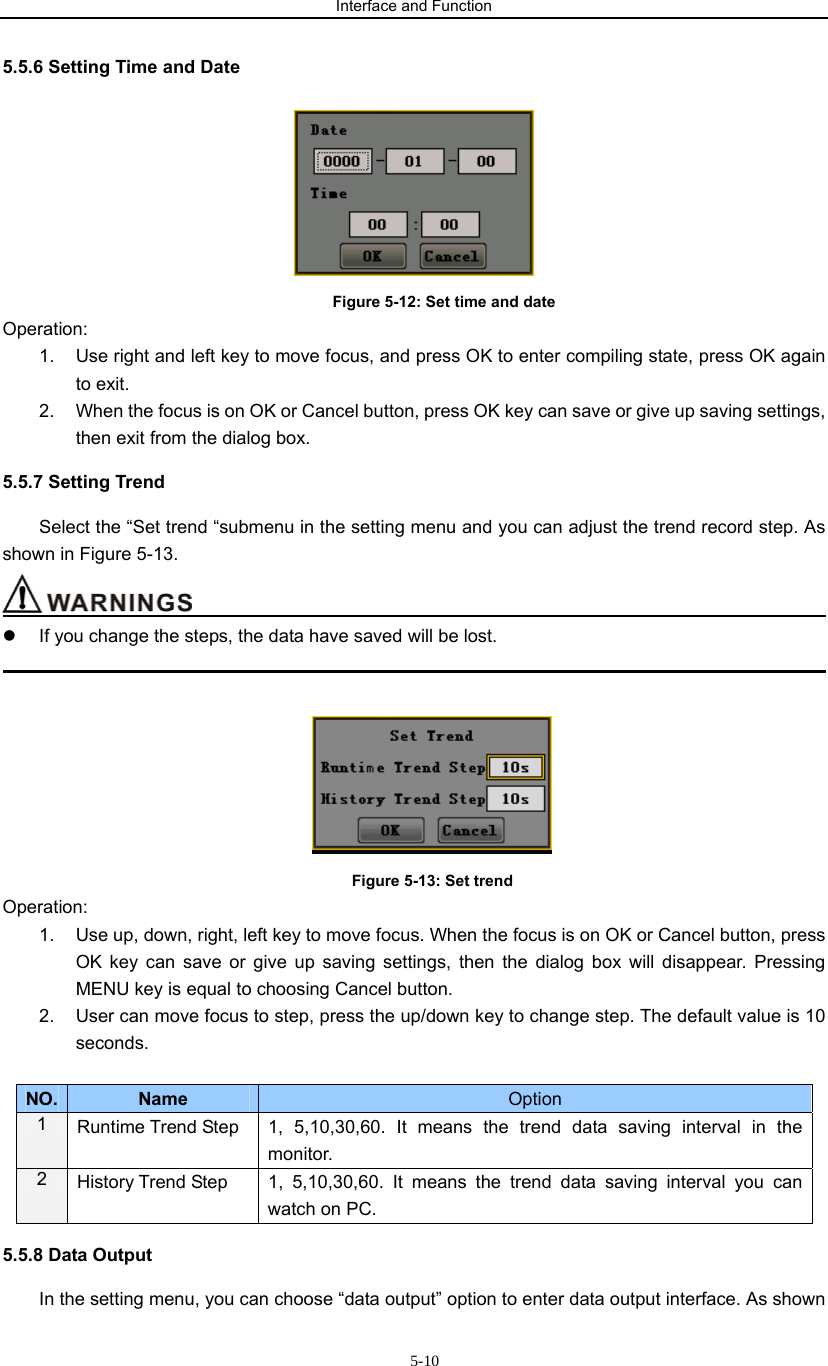 Interface and Function                           5-105.5.6 Setting Time and Date      Figure 5-12: Set time and date Operation: 1.  Use right and left key to move focus, and press OK to enter compiling state, press OK again to exit. 2.  When the focus is on OK or Cancel button, press OK key can save or give up saving settings, then exit from the dialog box. 5.5.7 Setting Trend Select the “Set trend “submenu in the setting menu and you can adjust the trend record step. As shown in Figure 5-13.                                         z  If you change the steps, the data have saved will be lost.                                                                                                 Figure 5-13: Set trend Operation: 1.  Use up, down, right, left key to move focus. When the focus is on OK or Cancel button, press OK key can save or give up saving settings, then the dialog box will disappear. Pressing MENU key is equal to choosing Cancel button. 2.  User can move focus to step, press the up/down key to change step. The default value is 10 seconds.  NO.  Name  Option 1  Runtime Trend Step  1, 5,10,30,60. It means the trend data saving interval in the monitor.  2  History Trend Step  1, 5,10,30,60. It means the trend data saving interval you can watch on PC. 5.5.8 Data Output In the setting menu, you can choose “data output” option to enter data output interface. As shown 