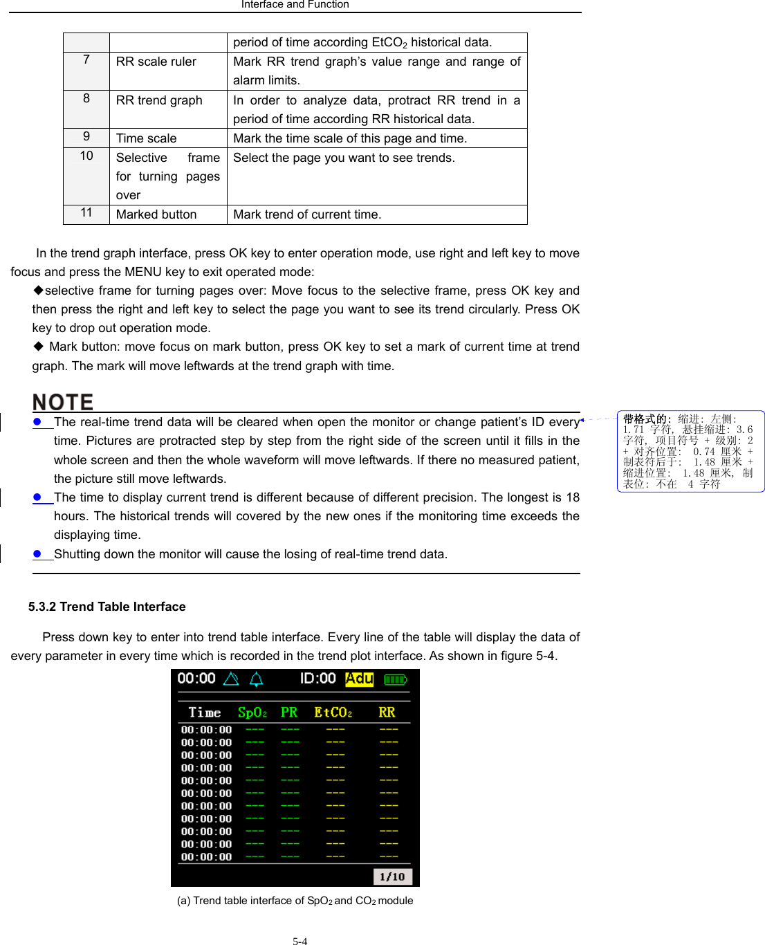 Interface and Function                           5-4period of time according EtCO2 historical data. 7  RR scale ruler  Mark RR trend graph’s value range and range of alarm limits. 8  RR trend graph  In order to analyze data, protract RR trend in a period of time according RR historical data.   9  Time scale    Mark the time scale of this page and time. 10  Selective frame for turning pages over Select the page you want to see trends. 11  Marked button  Mark trend of current time.  In the trend graph interface, press OK key to enter operation mode, use right and left key to move focus and press the MENU key to exit operated mode: ◆selective frame for turning pages over: Move focus to the selective frame, press OK key and then press the right and left key to select the page you want to see its trend circularly. Press OK key to drop out operation mode.  Mark◆ button: move focus on mark button, press OK key to set a mark of current time at trend graph. The mark will move leftwards at the trend graph with time.                                                 z The real-time trend data will be cleared when open the monitor or change patient’s ID every time. Pictures are protracted step by step from the right side of the screen until it fills in the whole screen and then the whole waveform will move leftwards. If there no measured patient, the picture still move leftwards. z The time to display current trend is different because of different precision. The longest is 18 hours. The historical trends will covered by the new ones if the monitoring time exceeds the displaying time.   z Shutting down the monitor will cause the losing of real-time trend data.                                                                                              5.3.2 Trend Table Interface           Press down key to enter into trend table interface. Every line of the table will display the data of every parameter in every time which is recorded in the trend plot interface. As shown in figure 5-4.  (a) Trend table interface of SpO2 and CO2 module 带格式的: 缩进: 左侧: 1.71 字符, 悬挂缩进: 3.6字符, 项目符号 + 级别: 2+ 对齐位置:  0.74 厘米 +制表符后于:  1.48 厘米 +缩进位置:  1.48 厘米, 制表位: 不在  4 字符