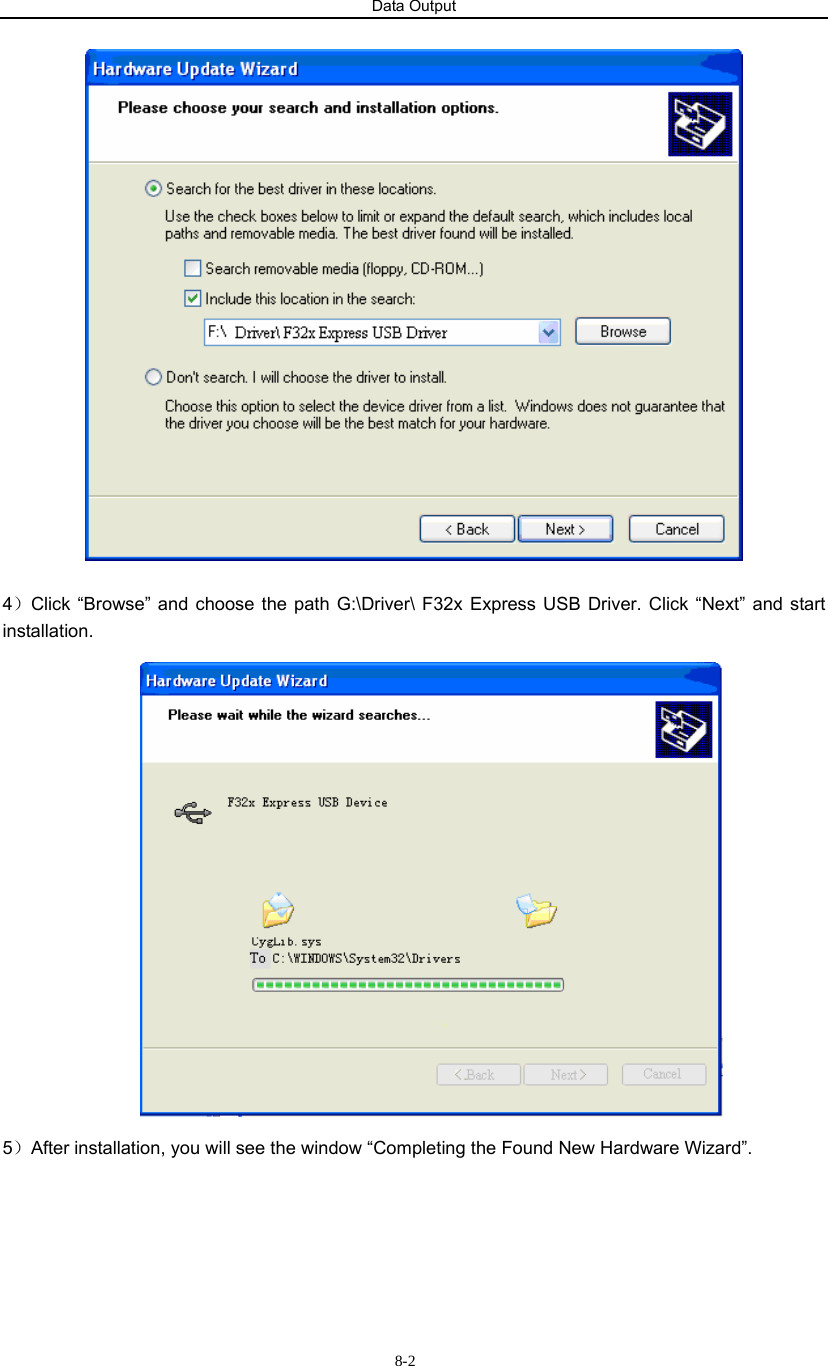 Data Output                          8-2  4）Click “Browse” and choose the path G:\Driver\ F32x Express USB Driver. Click “Next” and start installation.  5）After installation, you will see the window “Completing the Found New Hardware Wizard”. 