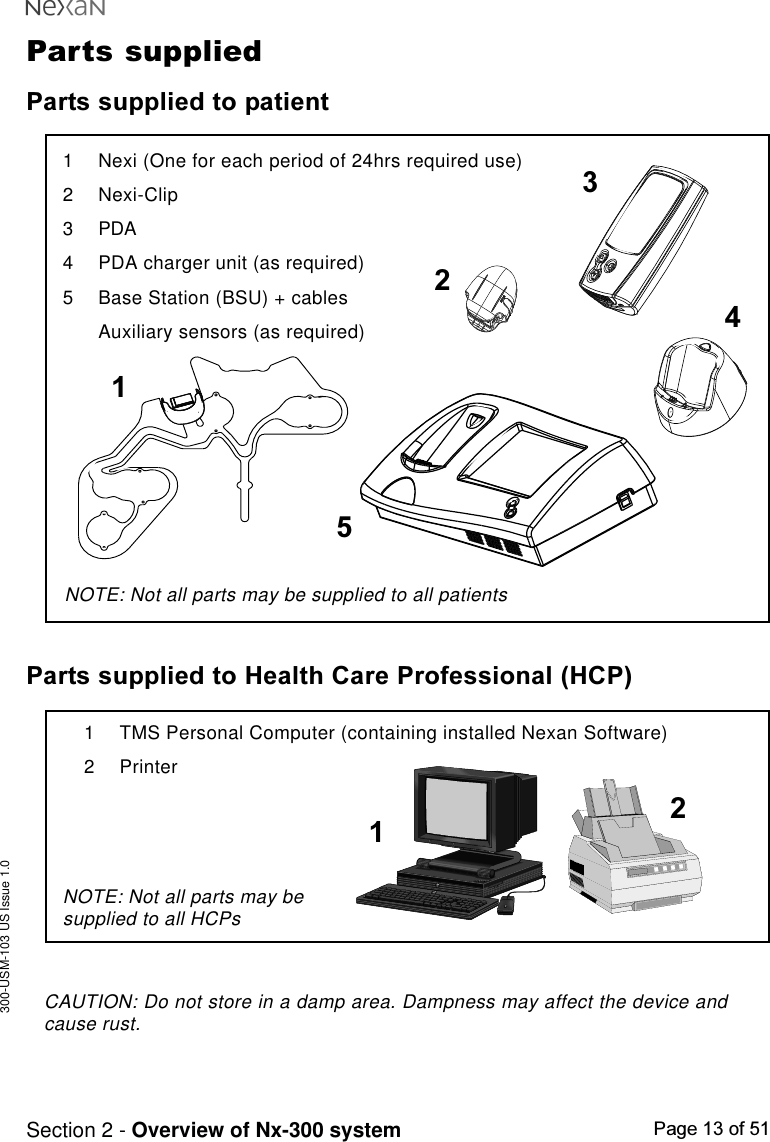 300-USM-103 US Issue 1.0Page 13 of 51Section 2 - Overview of Nx-300 systemNOTE: Not all parts may besupplied to all HCPs12Parts suppliedParts supplied to patient1 TMS Personal Computer (containing installed Nexan Software)2 PrinterCAUTION: Do not store in a damp area. Dampness may affect the device andcause rust.Parts supplied to Health Care Professional (HCP)351 Nexi (One for each period of 24hrs required use)2 Nexi-Clip3 PDA4 PDA charger unit (as required)5 Base Station (BSU) + cablesAuxiliary sensors (as required)      12NOTE: Not all parts may be supplied to all patients4