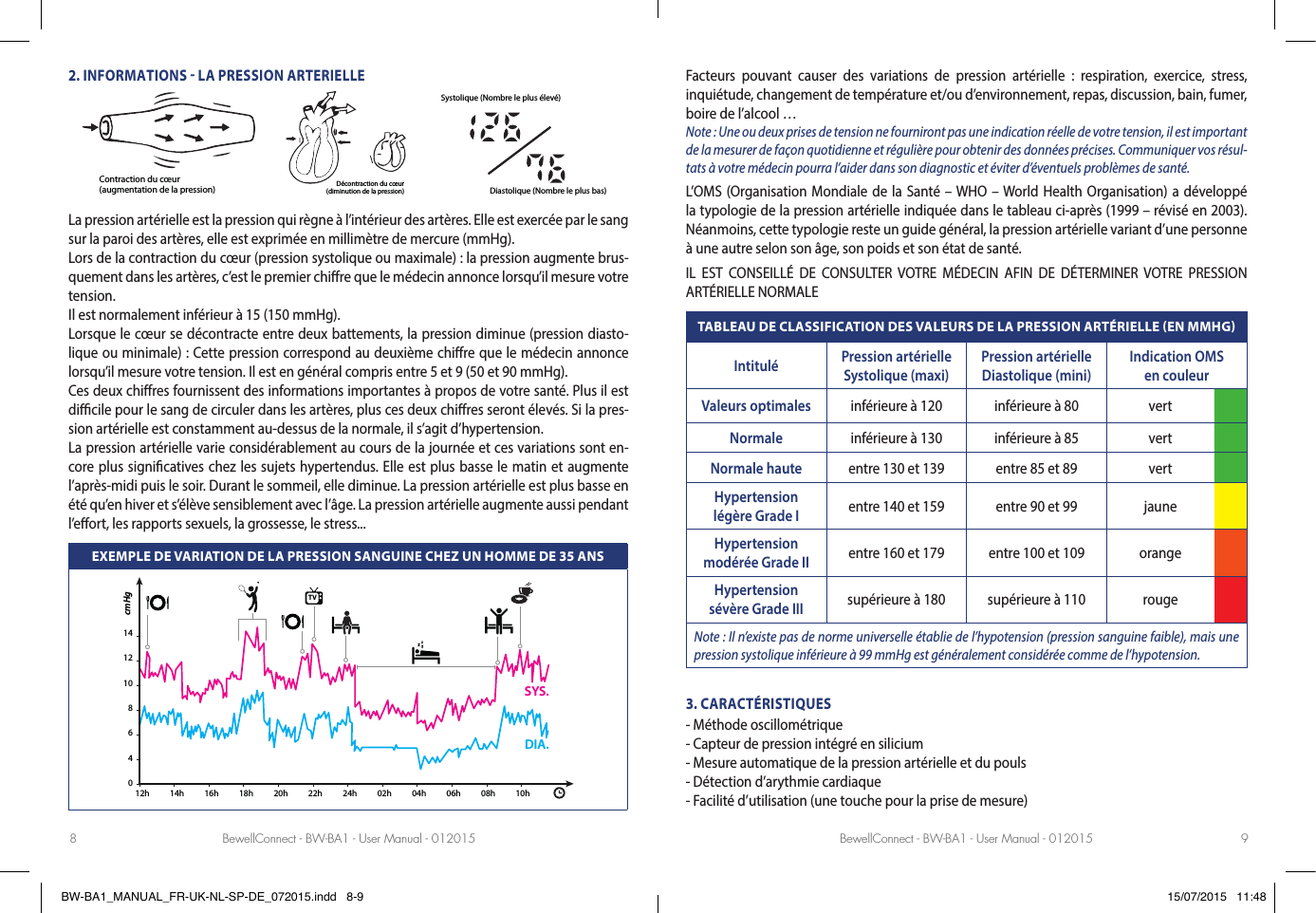 BewellConnect - BW-BA1 - User Manual - 012015 BewellConnect - BW-BA1 - User Manual - 0120158 92. INFORMATIONS  LA PRESSION ARTERIELLEContraction du cœur(augmentation de la pression) Décontraction du cœur(diminution de la pression)Systolique (Nombre le plus élevé)Diastolique (Nombre le plus bas)La pression artérielle est la pression qui règne à l’intérieur des artères. Elle est exercée par le sang sur la paroi des artères, elle est exprimée en millimètre de mercure (mmHg). Lors de la contraction du cœur (pression systolique ou maximale) : la pression augmente brus-quement dans les artères, c’est le premier chire que le médecin annonce lorsqu’il mesure votre tension. Il est normalement inférieur à 15 (150 mmHg). Lorsque le cœur se décontracte entre deux battements, la pression diminue (pression diasto-lique ou minimale) : Cette pression correspond au deuxième chire que le médecin annonce lorsqu’il mesure votre tension. Il est en général compris entre 5 et 9 (50 et 90mmHg). Ces deux chires fournissent des informations importantes à propos de votre santé. Plus il est dicile pour le sang de circuler dans les artères, plus ces deux chires seront élevés. Si la pres-sion artérielle est constamment au-dessus de la normale, il s’agit d’hypertension. La pression artérielle varie considérablement au cours de la journée et ces variations sont en-core plus signicatives chez les sujets hypertendus. Elle est plus basse le matin et augmente l’après-midi puis le soir. Durant le sommeil, elle diminue. La pression artérielle est plus basse en été qu’en hiver et s’élève sensiblement avec l’âge. La pression artérielle augmente aussi pendant l’eort, les rapports sexuels, la grossesse, le stress...EXEMPLE DE VARIATION DE LA PRESSION SANGUINE CHEZ UN HOMME DE 35 ANScmHg12h046810121414h 16h 18h 20h 22h 24h 02h 04h 06h 08h 10hTVSYS.DIA.Facteurs pouvant causer des variations de pression artérielle : respiration, exercice, stress,  inquiétude, changement de température et/ou d’environnement, repas, discussion, bain, fumer, boire de l’alcool …Note : Une ou deux prises de tension ne fourniront pas une indication réelle de votre tension, il est important de la mesurer de façon quotidienne et régulière pour obtenir des données précises. Communiquer vos résul-tats à votre médecin pourra l’aider dans son diagnostic et éviter d’éventuels problèmes de santé.L’OMS (Organisation Mondiale de la Santé – WHO – World Health Organisation) a développé la typologie de la pression artérielle indiquée dans le tableau ci-après (1999 – révisé en 2003). Néanmoins, cette typologie reste un guide général, la pression artérielle variant d’une personne à une autre selon son âge, son poids et son état de santé.IL EST CONSEILLÉ DE CONSULTER VOTRE MÉDECIN AFIN DE DÉTERMINER VOTRE PRESSION  ARTÉRIELLE NORMALETABLEAU DE CLASSIFICATION DES VALEURS DE LA PRESSION ARTÉRIELLE EN MMHGIntitulé Pression artérielle Systolique (maxi)Pression artérielle Diastolique (mini)Indication OMSen couleurValeurs optimales inférieure à 120 inférieure à 80 vert Normale inférieure à 130 inférieure à 85 vert Normale haute entre 130 et 139 entre 85 et 89 vertHypertension légère Grade I entre 140 et 159 entre 90 et 99 jauneHypertension modérée Grade II entre 160 et 179 entre 100 et 109 orangeHypertension sévère Grade III supérieure à 180 supérieure à 110 rougeNote : Il n’existe pas de norme universelle établie de l’hypotension (pression sanguine faible), mais une pression systolique inférieure à 99 mmHg est généralement considérée comme de l’hypotension. 3. CARACTÉRISTIQUES- Méthode oscillométrique - Capteur de pression intégré en silicium - Mesure automatique de la pression artérielle et du pouls - Détection d’arythmie cardiaque- Facilité d’utilisation (une touche pour la prise de mesure)BW-BA1_MANUAL_FR-UK-NL-SP-DE_072015.indd   8-9 15/07/2015   11:48