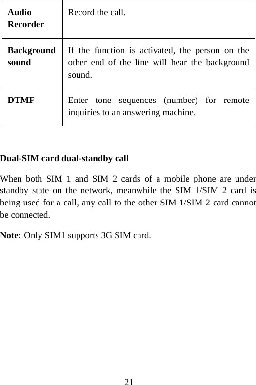 21 Audio Recorder Record the call. Background sound If the function is activated, the person on the other end of the line will hear the background sound. DTMF  Enter tone sequences (number) for remote inquiries to an answering machine.  Dual-SIM card dual-standby call When both SIM 1 and SIM 2 cards of a mobile phone are under standby state on the network, meanwhile the SIM 1/SIM 2 card is being used for a call, any call to the other SIM 1/SIM 2 card cannot be connected. Note:Only SIM1 supports 3G SIM card. 