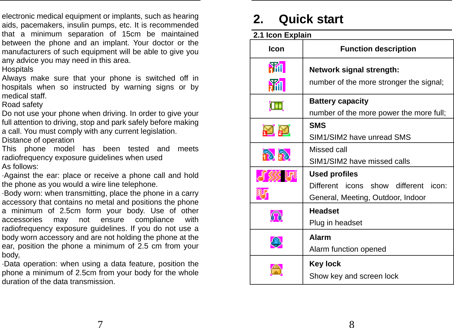  7 electronic medical equipment or implants, such as hearing aids, pacemakers, insulin pumps, etc. It is recommended that a minimum separation of 15cm be maintained between the phone and an implant. Your doctor or the manufacturers of such equipment will be able to give you any advice you may need in this area.   Hospitals Always make sure that your phone is switched off in hospitals when so instructed by warning signs or by medical staff.   Road safety Do not use your phone when driving. In order to give your full attention to driving, stop and park safely before making a call. You must comply with any current legislation. Distance of operation This phone model has been tested and meets radiofrequency exposure guidelines when used   As follows: ·Against the ear: place or receive a phone call and hold the phone as you would a wire line telephone. ·Body worn: when transmitting, place the phone in a carry accessory that contains no metal and positions the phone a minimum of 2.5cm form your body. Use of other accessories may not ensure compliance with radiofrequency exposure guidelines. If you do not use a body worn accessory and are not holding the phone at the ear, position the phone a minimum of 2.5 cm from your body, ·Data operation: when using a data feature, position the phone a minimum of 2.5cm from your body for the whole duration of the data transmission.  8 2. Quick start 2.1 Icon Explain Icon Function description  Network signal strength: number of the more stronger the signal;  Battery capacity number of the more power the more full;     SMS SIM1/SIM2 have unread SMS     Missed call SIM1/SIM2 have missed calls    Used profiles Different icons show different icon: General, Meeting, Outdoor, Indoor  Headset  Plug in headset    Alarm Alarm function opened  Key lock Show key and screen lock 