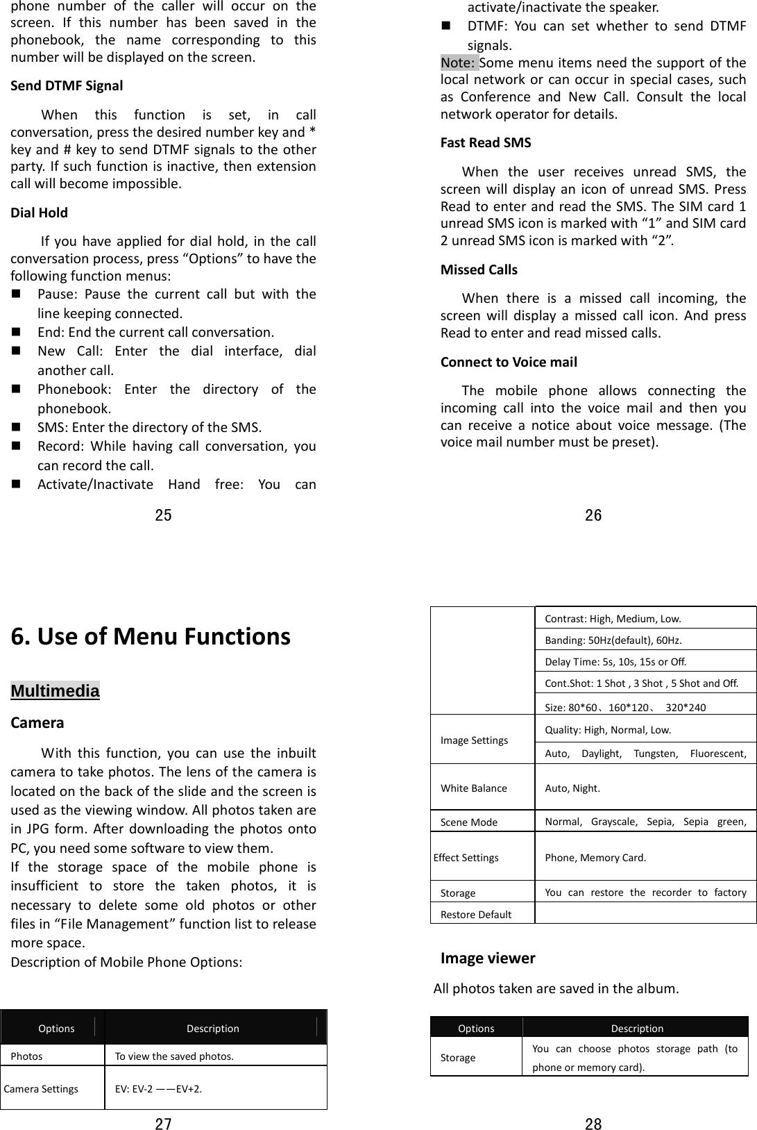 25  phonenumberofthecallerwilloccuronthescreen.Ifthisnumberhasbeensavedinthephonebook,thenamecorrespondingtothisnumberwillbedisplayedonthescreen.SendDTMFSignalWhenthisfunctionisset,incallconversation,pressthedesirednumberkeyand*keyand#keytosendDTMFsignalstotheotherparty.Ifsuchfunctionisinactive,thenextensioncallwillbecomeimpossible.DialHoldIfyouhaveappliedfordialhold,inthecallconversationprocess,press“Options”tohavethefollowingfunctionmenus: Pause:Pausethecurrentcallbutwiththelinekeepingconnected. End:Endthecurrentcallconversation. NewCall:Enterthedialinterface,dialanothercall. Phonebook:Enterthedirectoryofthephonebook. SMS:EnterthedirectoryoftheSMS. Record:Whilehavingcallconversation,youcanrecordthecall. Activate/InactivateHandfree:Youcan26  activate/inactivatethespeaker. DTMF:YoucansetwhethertosendDTMFsignals.Note:Somemenuitemsneedthesupportofthelocalnetworkorcanoccurinspecialcases,suchasConferenceandNewCall.Consultthelocalnetworkoperatorfordetails.FastReadSMSWhentheuserreceivesunreadSMS,thescreenwilldisplayaniconofunreadSMS.PressReadtoenterandreadtheSMS.TheSIMcard1unreadSMSiconismarkedwith“1”andSIMcard2unreadSMSiconismarkedwith“2”.MissedCallsWhenthereisamissedcallincoming,thescreenwilldisplayamissedcallicon.AndpressReadtoenterandreadmissedcalls.ConnecttoVoicemailThemobilephoneallowsconnectingtheincomingcallintothevoicemailandthenyoucanreceiveanoticeaboutvoicemessage.(Thevoicemailnumbermustbepreset).27  6.UseofMenuFunctionsMultimedia CameraWiththisfunction,youcanusetheinbuiltcameratotakephotos.Thelensofthecameraislocatedonthebackoftheslideandthescreenisusedastheviewingwindow.AllphotostakenareinJPGform.AfterdownloadingthephotosontoPC,youneedsomesoftwaretoviewthem.Ifthestoragespaceofthemobilephoneisinsufficienttostorethetakenphotos,itisnecessarytodeletesomeoldphotosorotherfilesin“FileManagement”functionlisttoreleasemorespace.DescriptionofMobilePhoneOptions:OptionsDescriptionPhotosToviewthesavedphotos.CameraSettingsEV:EV‐2——EV+2.28  Contrast:High,Medium,Low.Banding:50Hz(default),60Hz.DelayTime:5s,10s,15sorOff.Cont.Shot:1Shot,3Shot,5ShotandOff.Size:80*60、160*120、320*240ImageSettingsQuality:High,Normal,Low.Auto,Daylight,Tungsten,Fluorescent,WhiteBalanceAuto,Night.SceneModeNormal,Grayscale,Sepia,Sepiagreen,EffectSettingsPhone,MemoryCard.Storage YoucanrestoretherecordertofactoryRestoreDefaultImageviewerAllphotostakenaresavedinthealbum.OptionsDescriptionStorageYoucanchoosephotosstoragepath(tophoneormemorycard).