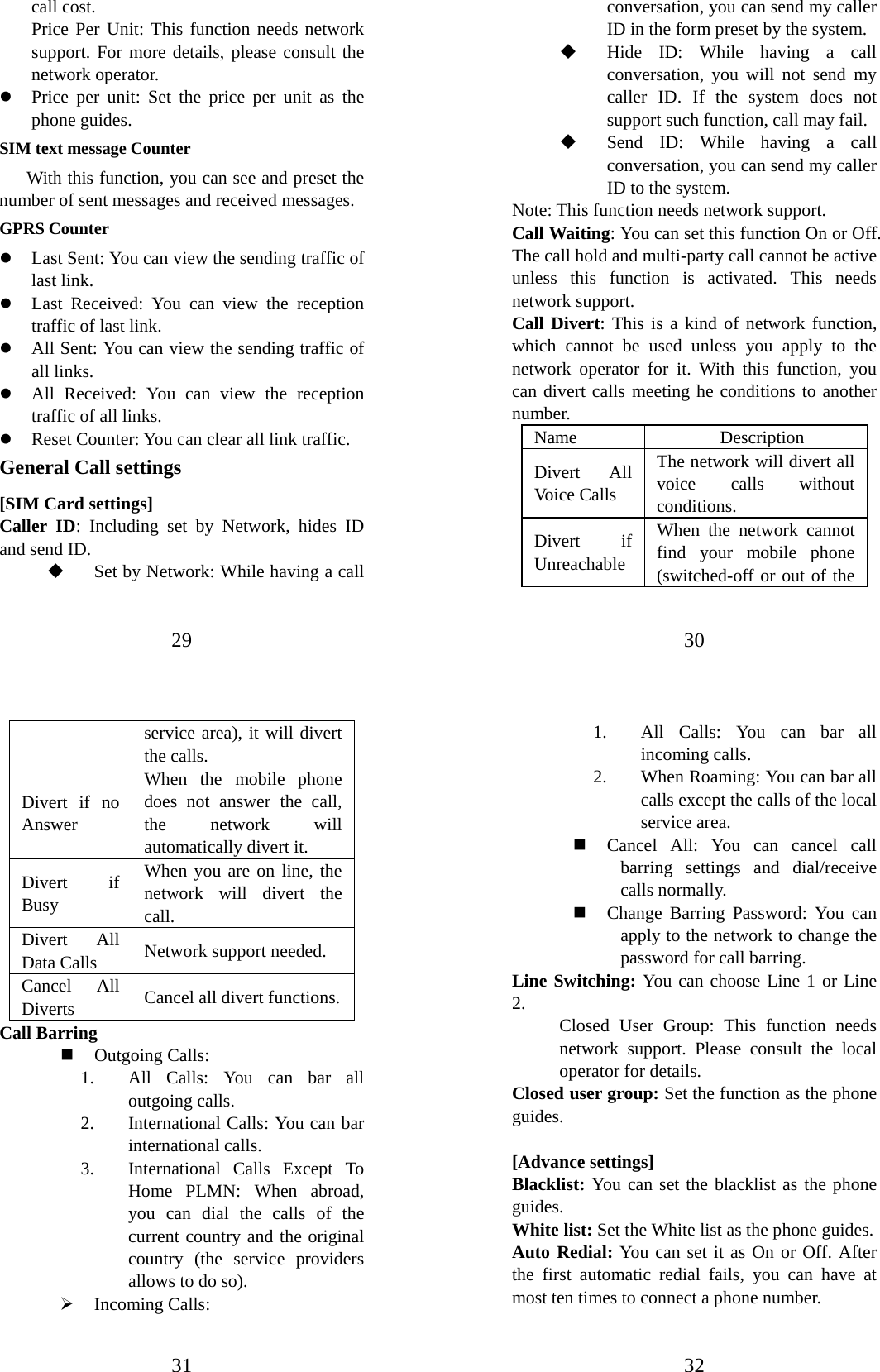 29 call cost.   Price Per Unit: This function needs network support. For more details, please consult the network operator. z Price per unit: Set the price per unit as the phone guides. SIM text message Counter With this function, you can see and preset the number of sent messages and received messages.   GPRS Counter z Last Sent: You can view the sending traffic of last link.   z Last Received: You can view the reception traffic of last link. z All Sent: You can view the sending traffic of all links. z All Received: You can view the reception traffic of all links. z Reset Counter: You can clear all link traffic. General Call settings [SIM Card settings] Caller ID: Including set by Network, hides ID and send ID.  Set by Network: While having a call 30 conversation, you can send my caller ID in the form preset by the system.  Hide ID: While having a call conversation, you will not send my caller ID. If the system does not support such function, call may fail.    Send ID: While having a call conversation, you can send my caller ID to the system.     Note: This function needs network support.   Call Waiting: You can set this function On or Off. The call hold and multi-party call cannot be active unless this function is activated. This needs network support.   Call Divert: This is a kind of network function, which cannot be used unless you apply to the network operator for it. With this function, you can divert calls meeting he conditions to another number.  Name   Description  Divert All Voice Calls   The network will divert all voice calls without conditions.  Divert if Unreachable When the network cannot find your mobile phone (switched-off or out of the 31 service area), it will divert the calls.   Divert if no Answer  When the mobile phone does not answer the call, the network will automatically divert it.   Divert if Busy  When you are on line, the network will divert the call.  Divert All Data Calls  Network support needed.   Cancel All Diverts   Cancel all divert functions. Call Barring  Outgoing Calls:   1. All Calls: You can bar all outgoing calls.   2. International Calls: You can bar international calls.   3. International Calls Except To Home PLMN: When abroad, you can dial the calls of the current country and the original country (the service providers allows to do so).   ¾ Incoming Calls:   32 1. All Calls: You can bar all incoming calls. 2. When Roaming: You can bar all calls except the calls of the local service area.  Cancel All: You can cancel call barring settings and dial/receive calls normally.    Change Barring Password: You can apply to the network to change the password for call barring.   Line Switching: You can choose Line 1 or Line 2.  Closed User Group: This function needs network support. Please consult the local operator for details.   Closed user group: Set the function as the phone guides.  [Advance settings] Blacklist: You can set the blacklist as the phone guides. White list: Set the White list as the phone guides. Auto Redial: You can set it as On or Off. After the first automatic redial fails, you can have at most ten times to connect a phone number.   