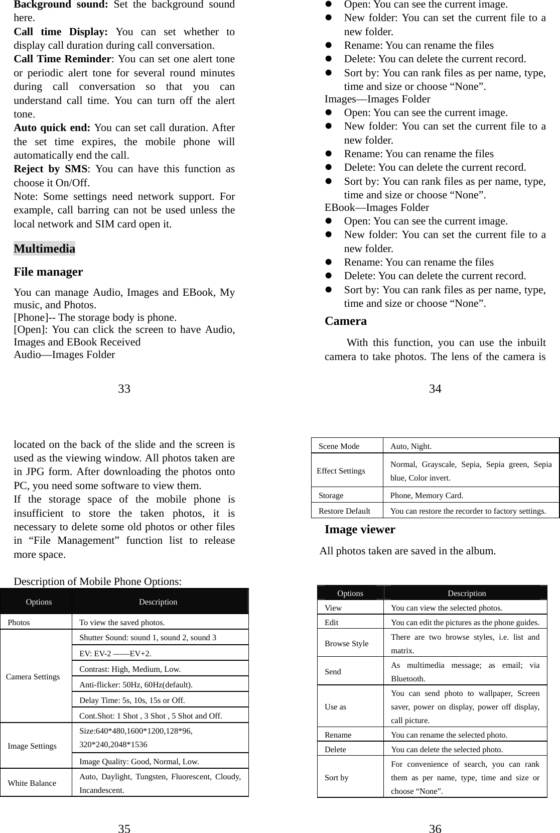 33 Background sound: Set the background sound here. Call time Display: You can set whether to display call duration during call conversation.   Call Time Reminder: You can set one alert tone or periodic alert tone for several round minutes during call conversation so that you can understand call time. You can turn off the alert tone.  Auto quick end: You can set call duration. After the set time expires, the mobile phone will automatically end the call. Reject by SMS: You can have this function as choose it On/Off. Note: Some settings need network support. For example, call barring can not be used unless the local network and SIM card open it.   Multimedia File manager You can manage Audio, Images and EBook, My music, and Photos. [Phone]-- The storage body is phone.   [Open]: You can click the screen to have Audio, Images and EBook Received Audio—Images Folder 34 z Open: You can see the current image.   z New folder: You can set the current file to a new folder. z Rename: You can rename the files z Delete: You can delete the current record.   z Sort by: You can rank files as per name, type, time and size or choose “None”.   Images—Images Folder z Open: You can see the current image.   z New folder: You can set the current file to a new folder. z Rename: You can rename the files z Delete: You can delete the current record.   z Sort by: You can rank files as per name, type, time and size or choose “None”.   EBook—Images Folder z Open: You can see the current image.   z New folder: You can set the current file to a new folder. z Rename: You can rename the files z Delete: You can delete the current record.   z Sort by: You can rank files as per name, type, time and size or choose “None”.   Camera With this function, you can use the inbuilt camera to take photos. The lens of the camera is 35 located on the back of the slide and the screen is used as the viewing window. All photos taken are in JPG form. After downloading the photos onto PC, you need some software to view them.   If the storage space of the mobile phone is insufficient to store the taken photos, it is necessary to delete some old photos or other files in “File Management” function list to release more space.    Description of Mobile Phone Options:   Options  Description Photos  To view the saved photos.   Shutter Sound: sound 1, sound 2, sound 3 EV: EV-2 ——EV+2. Contrast: High, Medium, Low. Anti-flicker: 50Hz, 60Hz(default). Delay Time: 5s, 10s, 15s or Off.   Camera Settings Cont.Shot: 1 Shot , 3 Shot , 5 Shot and Off.   Size:640*480,1600*1200,128*96, 320*240,2048*1536 Image Settings   Image Quality: Good, Normal, Low. White Balance  Auto, Daylight, Tungsten, Fluorescent, Cloudy, Incandescent. 36 Scene Mode  Auto, Night.  Effect Settings  Normal, Grayscale, Sepia, Sepia green, Sepia blue, Color invert. Storage   Phone, Memory Card. Restore Default  You can restore the recorder to factory settings. Image viewer All photos taken are saved in the album.     Options  Description View  You can view the selected photos.  Edit  You can edit the pictures as the phone guides.Browse Style  There are two browse styles, i.e. list and matrix.  Send  As multimedia message; as email; via Bluetooth. Use as You can send photo to wallpaper, Screen saver, power on display, power off display, call picture. Rename  You can rename the selected photo.  Delete  You can delete the selected photo.   Sort by For convenience of search, you can rank them as per name, type, time and size or choose “None”. 
