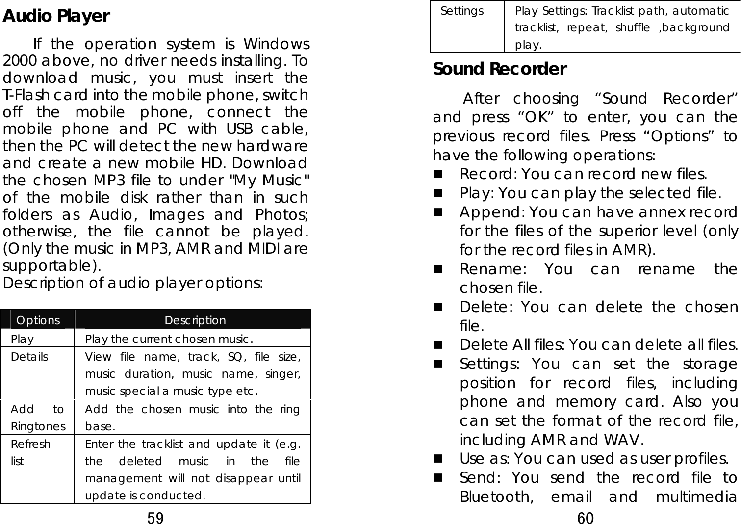 59  Audio Player If the operation system is Windows 2000 above, no driver needs installing. To download music, you must insert the T-Flash card into the mobile phone, switch off the mobile phone, connect the mobile phone and PC with USB cable, then the PC will detect the new hardware and create a new mobile HD. Download the chosen MP3 file to under &quot;My Music&quot; of the mobile disk rather than in such folders as Audio, Images and Photos; otherwise, the file cannot be played. (Only the music in MP3, AMR and MIDI are supportable).  Description of audio player options:    Options  Description Play    Play the current chosen music.   Details   View file name, track, SQ, file size, music duration, music name, singer, music special a music type etc.   Add to Ringtones  Add the chosen music into the ring base.  Refresh list  Enter the tracklist and update it (e.g. the deleted music in the file management will not disappear until update is conducted.  60  Settings   Play Settings: Tracklist path, automatic tracklist, repeat, shuffle ,background play.  Sound Recorder After choosing “Sound Recorder” and press “OK” to enter, you can the previous record files. Press “Options” to have the following operations:    Record: You can record new files.    Play: You can play the selected file.  Append: You can have annex record for the files of the superior level (only for the record files in AMR).  Rename: You can rename the chosen file.  Delete: You can delete the chosen file.   Delete All files: You can delete all files.    Settings: You can set the storage position for record files, including phone and memory card. Also you can set the format of the record file, including AMR and WAV.    Use as: You can used as user profiles.  Send: You send the record file to Bluetooth, email and multimedia 