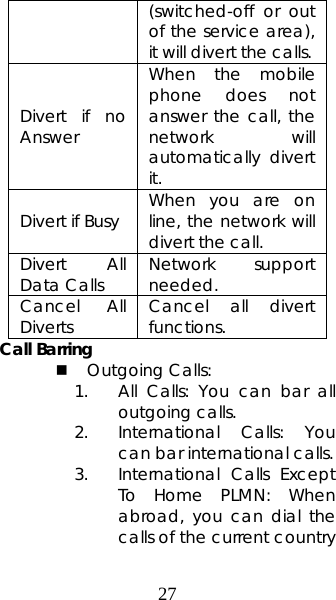 27 (switched-off or out of the service area), it will divert the calls.   Divert if no Answer  When the mobile phone does not answer the call, the network will automatically divert it.  Divert if Busy    When you are on line, the network will divert the call.  Divert All Data Calls  Network support needed.  Cancel All Diverts   Cancel all divert functions.  Call Barring  Outgoing Calls:   1. All Calls: You can bar all outgoing calls.   2. International Calls: You can bar international calls.   3. International Calls Except To Home PLMN: When abroad, you can dial the calls of the current country 