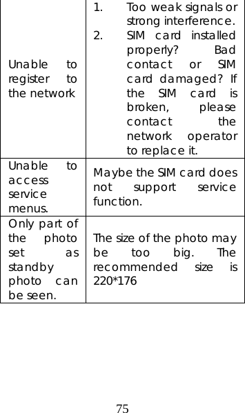 75 Unable to register to the network 1. Too weak signals or strong interference. 2. SIM card installed properly? Bad contact or SIM card damaged? If the SIM card is broken, please contact the network operator to replace it. Unable to access service menus. Maybe the SIM card does not support service function. Only part of the photo set as standby photo can be seen.  The size of the photo may be too big. The recommended size is 220*176       