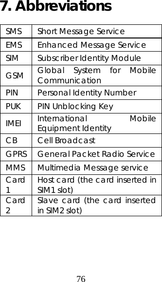 76 7. Abbreviations   SMS  Short Message Service EMS Enhanced Message Service SIM  Subscriber Identity Module GSM  Global System for Mobile Communication PIN Personal Identity Number PUK  PIN Unblocking Key IMEI  International Mobile Equipment Identity   CB Cell Broadcast  GPRS  General Packet Radio Service MMS  Multimedia Message service Card 1  Host card (the card inserted in SIM1 slot) Card 2  Slave card (the card inserted in SIM2 slot)     