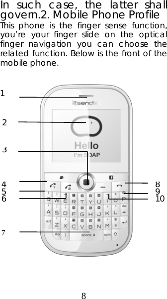 8 In such case, the latter shall govern.2. Mobile Phone Profile This phone is the finger sense function, you’re your finger slide on the optical finger navigation you can choose the related function. Below is the front of the mobile phone.                       1 2 4 5 6 3 8 9 10 7 