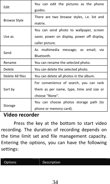 34 EditYoucaneditthepicturesasthephoneguides.BrowseStyleTherearetwobrowsestyles,i.e.listandmatrix.UseasYoucansendphototowallpaper,screensaver,powerondisplay,poweroffdisplay,callerpicture.SendAsmultimediamessage;asemail;viaBluetooth.RenameYoucanrenametheselectedphoto.DeleteYoucandeletetheselectedphoto.DeleteAllfilesYoucandeleteallphotosinthealbum.SortbyForconvenienceofsearch,youcanrankthemaspername,type,timeandsizeorchoose“None”.Storage Youcanchoosephotosstoragepath(tophoneormemorycard).VideorecorderPressthekeyatthebottomtostartvideorecording.Thedurationofrecordingdependsonthetimelimitsetandfilemanagementcapacity.Enteringtheoptions,youcanhavethefollowingsettings:OptionsDescription