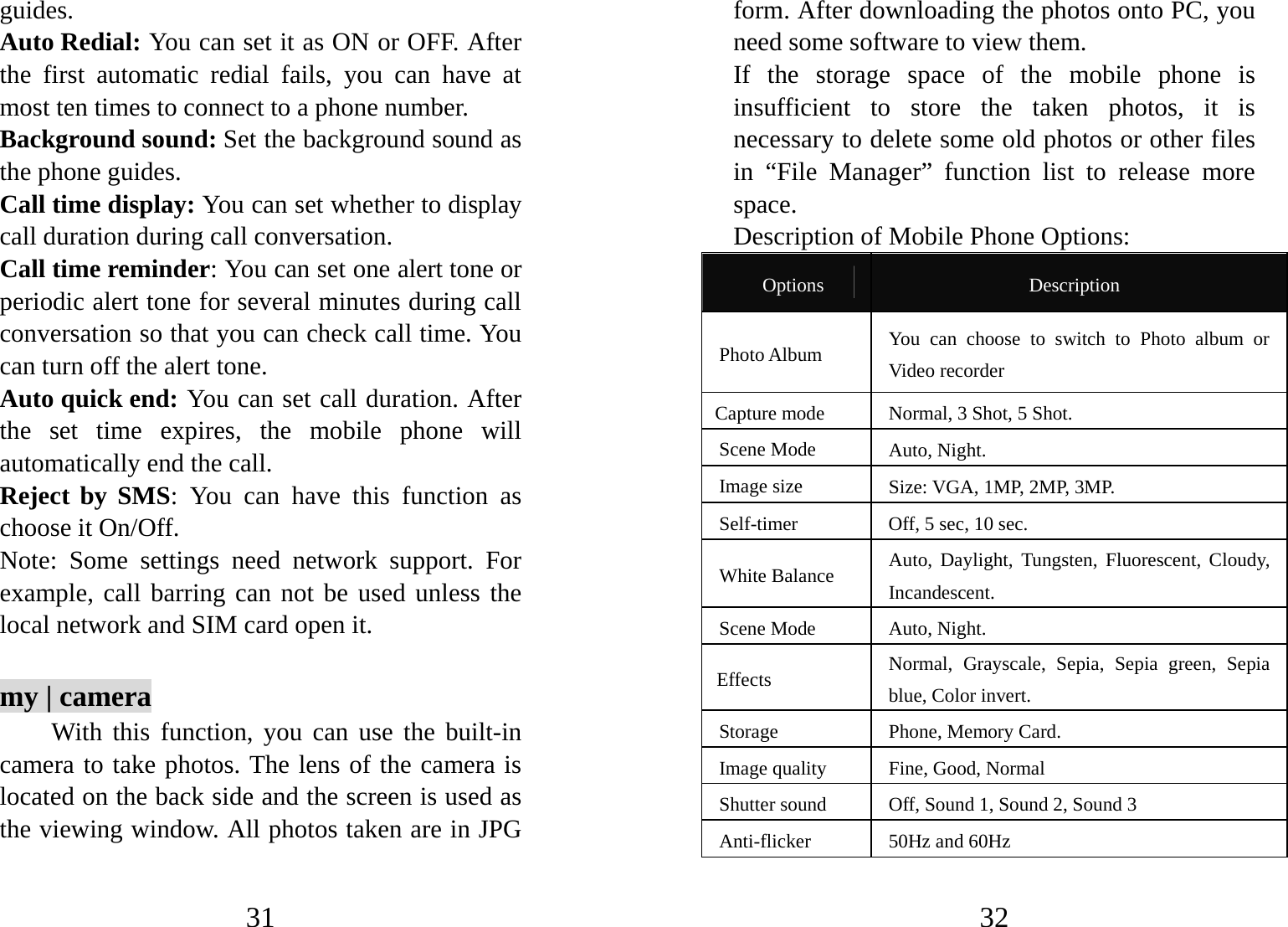 31 guides. Auto Redial: You can set it as ON or OFF. After the first automatic redial fails, you can have at most ten times to connect to a phone number.   Background sound: Set the background sound as the phone guides. Call time display: You can set whether to display call duration during call conversation.   Call time reminder: You can set one alert tone or periodic alert tone for several minutes during call conversation so that you can check call time. You can turn off the alert tone.   Auto quick end: You can set call duration. After the set time expires, the mobile phone will automatically end the call. Reject by SMS: You can have this function as choose it On/Off. Note: Some settings need network support. For example, call barring can not be used unless the local network and SIM card open it.   my | camera With this function, you can use the built-in camera to take photos. The lens of the camera is located on the back side and the screen is used as the viewing window. All photos taken are in JPG 32 form. After downloading the photos onto PC, you need some software to view them.   If the storage space of the mobile phone is insufficient to store the taken photos, it is necessary to delete some old photos or other files in “File Manager” function list to release more space.  Description of Mobile Phone Options:   Options  Description Photo Album  You can choose to switch to Photo album or Video recorder   Capture mode  Normal, 3 Shot, 5 Shot.  Scene Mode  Auto, Night. Image size  Size: VGA, 1MP, 2MP, 3MP.   Self-timer  Off, 5 sec, 10 sec. White Balance  Auto, Daylight, Tungsten, Fluorescent, Cloudy, Incandescent. Scene Mode  Auto, Night. Effects  Normal, Grayscale, Sepia, Sepia green, Sepia blue, Color invert. Storage    Phone, Memory Card. Image quality  Fine, Good, Normal Shutter sound  Off, Sound 1, Sound 2, Sound 3 Anti-flicker 50Hz and 60Hz 