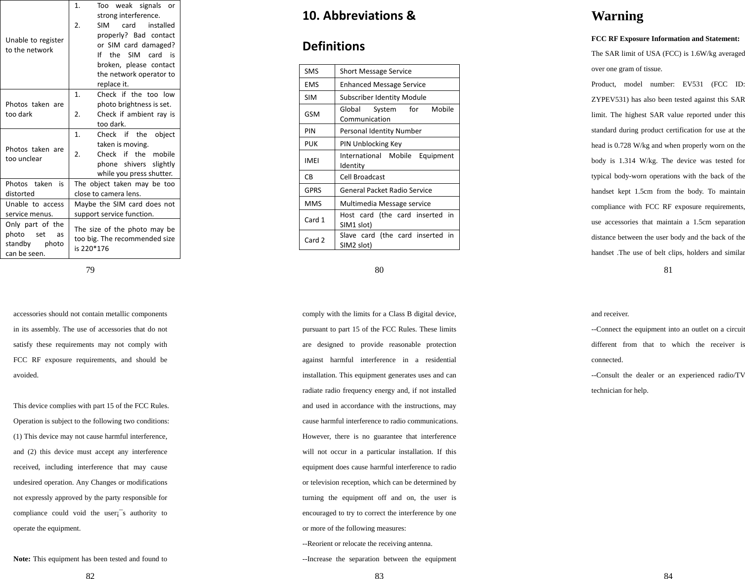 79  Unabletoregistertothenetwork1. Tooweaksignalsorstronginterference.2. SIMcardinstalledproperly?BadcontactorSIMcarddamaged?IftheSIMcardisbroken,pleasecontactthenetworkoperatortoreplaceit.Photostakenaretoodark1. Checkifthetoolowphotobrightnessisset.2. Checkifambientrayistoodark.Photostakenaretoounclear1. Checkiftheobjecttakenismoving.2. Checkifthemobilephoneshiversslightlywhileyoupressshutter.PhotostakenisdistortedTheobjecttakenmaybetooclosetocameralens.Unabletoaccessservicemenus.MaybetheSIMcarddoesnotsupportservicefunction.Onlypartofthephotosetasstandbyphotocanbeseen.Thesizeofthephotomaybetoobig.Therecommendedsizeis220*17680  10.Abbreviations&amp;DefinitionsSMSShortMessageServiceEMSEnhancedMessageServiceSIMSubscriberIdentityModuleGSMGlobalSystemforMobileCommunicationPINPersonalIdentityNumberPUKPINUnblockingKeyIMEIInternationalMobileEquipmentIdentityCBCellBroadcastGPRSGeneralPacketRadioServiceMMSMultimediaMessageserviceCard1Hostcard(thecardinsertedinSIM1slot)Card2Slavecard(thecardinsertedinSIM2slot) 81  Warning  FCC RF Exposure Information and Statement:  The SAR limit of USA (FCC) is 1.6W/kg averaged over one gram of tissue.  Product, model number: EV531 (FCC ID: ZYPEV531) has also been tested against this SAR limit. The highest SAR value reported under this standard during product certification for use at the head is 0.728 W/kg and when properly worn on the body is 1.314 W/kg. The device was tested for typical body-worn operations with the back of the handset kept 1.5cm from the body. To maintain compliance with FCC RF exposure requirements, use accessories that maintain a 1.5cm separation distance between the user body and the back of the handset .The use of belt clips, holders and similar 82  accessories should not contain metallic components in its assembly. The use of accessories that do not satisfy these requirements may not comply with FCC RF exposure requirements, and should be avoided.   This device complies with part 15 of the FCC Rules. Operation is subject to the following two conditions: (1) This device may not cause harmful interference, and (2) this device must accept any interference received, including interference that may cause undesired operation. Any Changes or modifications not expressly approved by the party responsible for compliance could void the user¡¯s authority to operate the equipment.     Note: This equipment has been tested and found to 83  comply with the limits for a Class B digital device, pursuant to part 15 of the FCC Rules. These limits are designed to provide reasonable protection against harmful interference in a residential installation. This equipment generates uses and can radiate radio frequency energy and, if not installed and used in accordance with the instructions, may cause harmful interference to radio communications. However, there is no guarantee that interference will not occur in a particular installation. If this equipment does cause harmful interference to radio or television reception, which can be determined by turning the equipment off and on, the user is encouraged to try to correct the interference by one or more of the following measures:    --Reorient or relocate the receiving antenna.  --Increase the separation between the equipment 84  and receiver.   --Connect the equipment into an outlet on a circuit different from that to which the receiver is connected.   --Consult the dealer or an experienced radio/TV technician for help.     