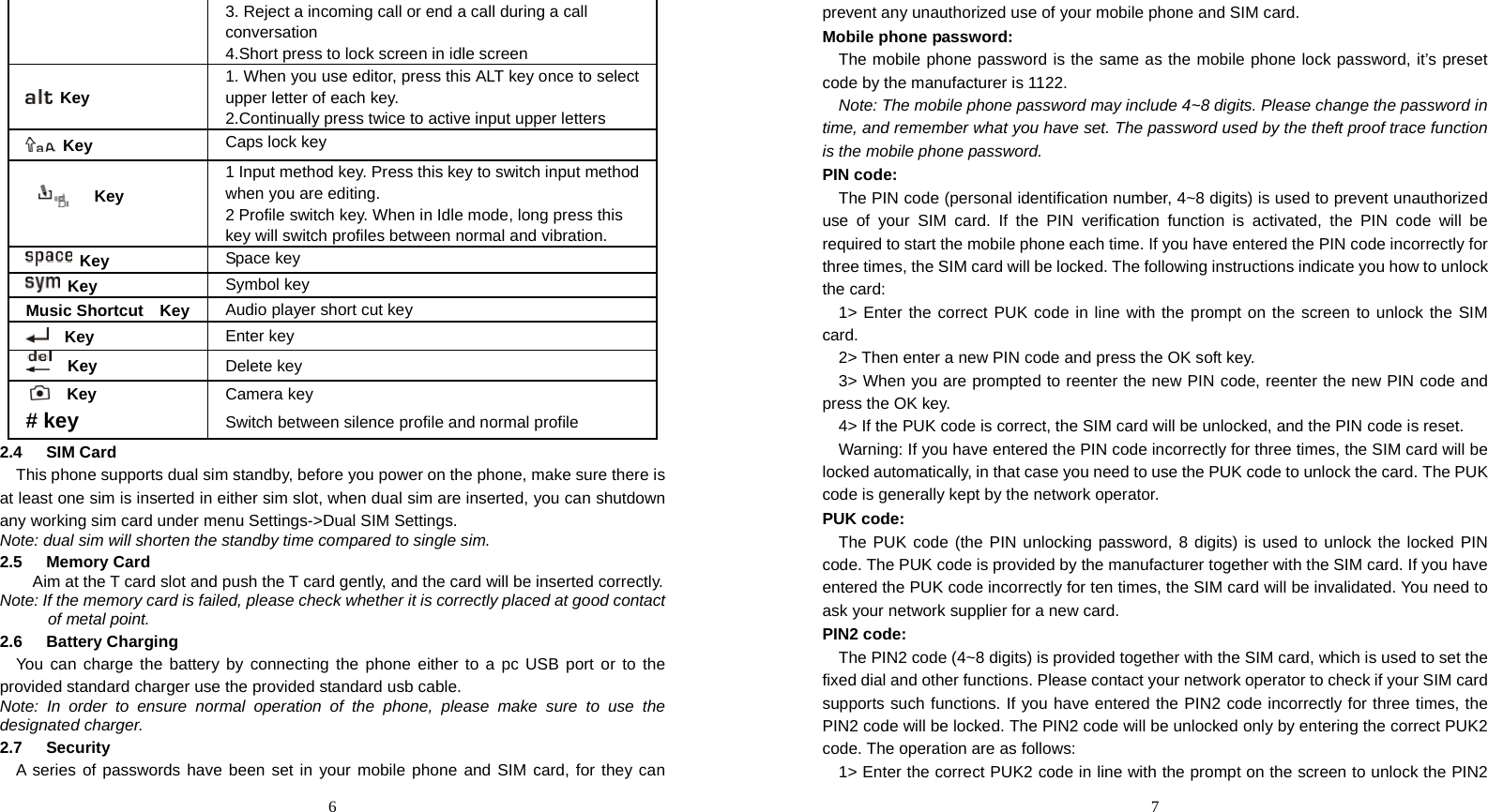  6 3. Reject a incoming call or end a call during a call conversation 4.Short press to lock screen in idle screen  Key 1. When you use editor, press this ALT key once to select upper letter of each key. 2.Continually press twice to active input upper letters  Key  Caps lock key    Key 1 Input method key. Press this key to switch input method when you are editing. 2 Profile switch key. When in Idle mode, long press this key will switch profiles between normal and vibration.  Key  Space key    Key  Symbol key   Music Shortcut  Key Audio player short cut key   Key  Enter key     Key  Delete key      Key  Camera key # key  Switch between silence profile and normal profile 2.4 SIM Card This phone supports dual sim standby, before you power on the phone, make sure there is at least one sim is inserted in either sim slot, when dual sim are inserted, you can shutdown any working sim card under menu Settings-&gt;Dual SIM Settings. Note: dual sim will shorten the standby time compared to single sim. 2.5 Memory Card Aim at the T card slot and push the T card gently, and the card will be inserted correctly.     Note: If the memory card is failed, please check whether it is correctly placed at good contact of metal point.   2.6 Battery Charging You can charge the battery by connecting the phone either to a pc USB port or to the provided standard charger use the provided standard usb cable.   Note: In order to ensure normal operation of the phone, please make sure to use the designated charger.  2.7 Security A series of passwords have been set in your mobile phone and SIM card, for they can  7prevent any unauthorized use of your mobile phone and SIM card.   Mobile phone password: The mobile phone password is the same as the mobile phone lock password, it’s preset code by the manufacturer is 1122.   Note: The mobile phone password may include 4~8 digits. Please change the password in time, and remember what you have set. The password used by the theft proof trace function is the mobile phone password. PIN code: The PIN code (personal identification number, 4~8 digits) is used to prevent unauthorized use of your SIM card. If the PIN verification function is activated, the PIN code will be required to start the mobile phone each time. If you have entered the PIN code incorrectly for three times, the SIM card will be locked. The following instructions indicate you how to unlock the card:   1&gt; Enter the correct PUK code in line with the prompt on the screen to unlock the SIM card. 2&gt; Then enter a new PIN code and press the OK soft key. 3&gt; When you are prompted to reenter the new PIN code, reenter the new PIN code and press the OK key. 4&gt; If the PUK code is correct, the SIM card will be unlocked, and the PIN code is reset. Warning: If you have entered the PIN code incorrectly for three times, the SIM card will be locked automatically, in that case you need to use the PUK code to unlock the card. The PUK code is generally kept by the network operator. PUK code: The PUK code (the PIN unlocking password, 8 digits) is used to unlock the locked PIN code. The PUK code is provided by the manufacturer together with the SIM card. If you have entered the PUK code incorrectly for ten times, the SIM card will be invalidated. You need to ask your network supplier for a new card. PIN2 code: The PIN2 code (4~8 digits) is provided together with the SIM card, which is used to set the fixed dial and other functions. Please contact your network operator to check if your SIM card supports such functions. If you have entered the PIN2 code incorrectly for three times, the PIN2 code will be locked. The PIN2 code will be unlocked only by entering the correct PUK2 code. The operation are as follows: 1&gt; Enter the correct PUK2 code in line with the prompt on the screen to unlock the PIN2 