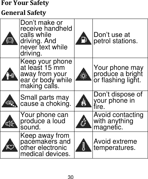 30 For Your Safety General Safety  Don‟t make or receive handheld calls while driving. And never text while driving.  Don‟t use at petrol stations.  Keep your phone at least 15 mm away from your ear or body while making calls.  Your phone may produce a bright or flashing light.  Small parts may cause a choking.  Don‟t dispose of your phone in fire.  Your phone can produce a loud sound.  Avoid contacting with anything magnetic.  Keep away from pacemakers and other electronic medical devices.  Avoid extreme temperatures. 