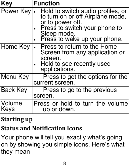 8 Key Function Power Key  Hold to switch audio profiles, or to turn on or off Airplane mode, or to power off.  Press to switch your phone to Sleep mode.  Press to wake up your phone. Home Key  Press to return to the Home Screen from any application or screen.  Hold to see recently used applications. Menu Key Press to get the options for the current screen. Back Key Press to go to the previous screen. Volume Keys Press  or  hold to  turn  the  volume up or down. Starting up Status and Notification lcons Your phone will tell you exactly what‟s going on by showing you simple icons. Here‟s what they mean 