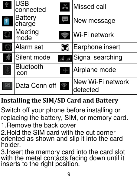 9  USB connected  Missed call  Battery charge  New message  Meeting mode  Wi-Fi network  Alarm set  Earphone insert  Silent mode  Signal searching  Bluetooth icon  Airplane mode  Data Conn off  New Wi-Fi network detected Installing the SIM/SD Card and Battery Switch off your phone before installing or replacing the battery, SIM, or memory card.   1.Remove the back cover 2.Hold the SIM card with the cut corner oriented as shown and slip it into the card holder. 3.Insert the memory card into the card slot with the metal contacts facing down until it inserts to the right position. 