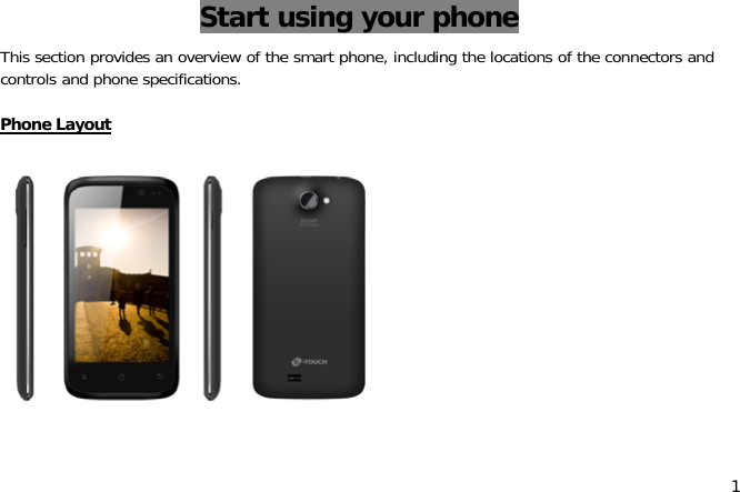 1Start using your phoneThis section provides an overview of the smart phone, including the locations of the connectors andcontrols and phone specifications.Phone Layout