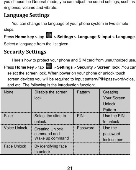 21 you choose the General mode, you can adjust the sound settings, such as ringtones, volume and vibrate. Language Settings You can change the language of your phone system in two simple steps. Press Home key &gt; tap    &gt; Settings &gt; Language &amp; input &gt; Language. Select a language from the list given. Security Settings Here‟s how to protect your phone and SIM card from unauthorized use.   Press Home key &gt; tap    &gt; Settings &gt; Security &gt; Screen lock .You can select the screen lock. When power on your phone or unlock touch screen devices you will be required to input pattern/PIN/password/voice, and etc. The following is the introduction function: None Disable the screen lock Pattern Creating Your Screen Unlock Pattern Slide Select the slide to unlock PIN Use the PIN to unlock Voice Unlock Creating Unlock command and Wake up command Password Use the password lock screen Face Unlock By identifying face to unlock    