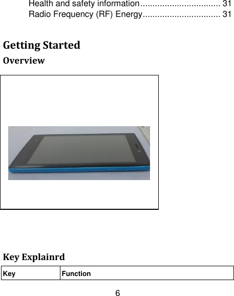 6 Health and safety information ................................. 31 Radio Frequency (RF) Energy ................................ 31  Getting Started Overview                                                                                                                                                                                                                                                                                                                    Key Explainrd Key Function              