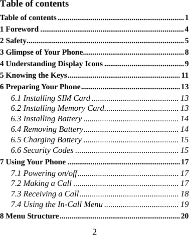  2 Table of contents Table of contents .................................................................1 1 Foreword ..........................................................................4 2 Safety.................................................................................5 3 Glimpse of Your Phone....................................................8 4 Understanding Display Icons .........................................9 5 Knowing the Keys.......................................................... 11 6 Preparing Your Phone...................................................13 6.1 Installing SIM Card .......................................... 13 6.2 Installing Memory Card.................................... 13 6.3 Installing Battery .............................................. 14 6.4 Removing Battery.............................................. 14 6.5 Charging Battery .............................................. 15 6.6 Security Codes .................................................. 15 7 Using Your Phone ..........................................................17 7.1 Powering on/off................................................. 17 7.2 Making a Call ................................................... 17 7.3 Receiving a Call................................................ 18 7.4 Using the In-Call Menu .................................... 19 8 Menu Structure..............................................................20 