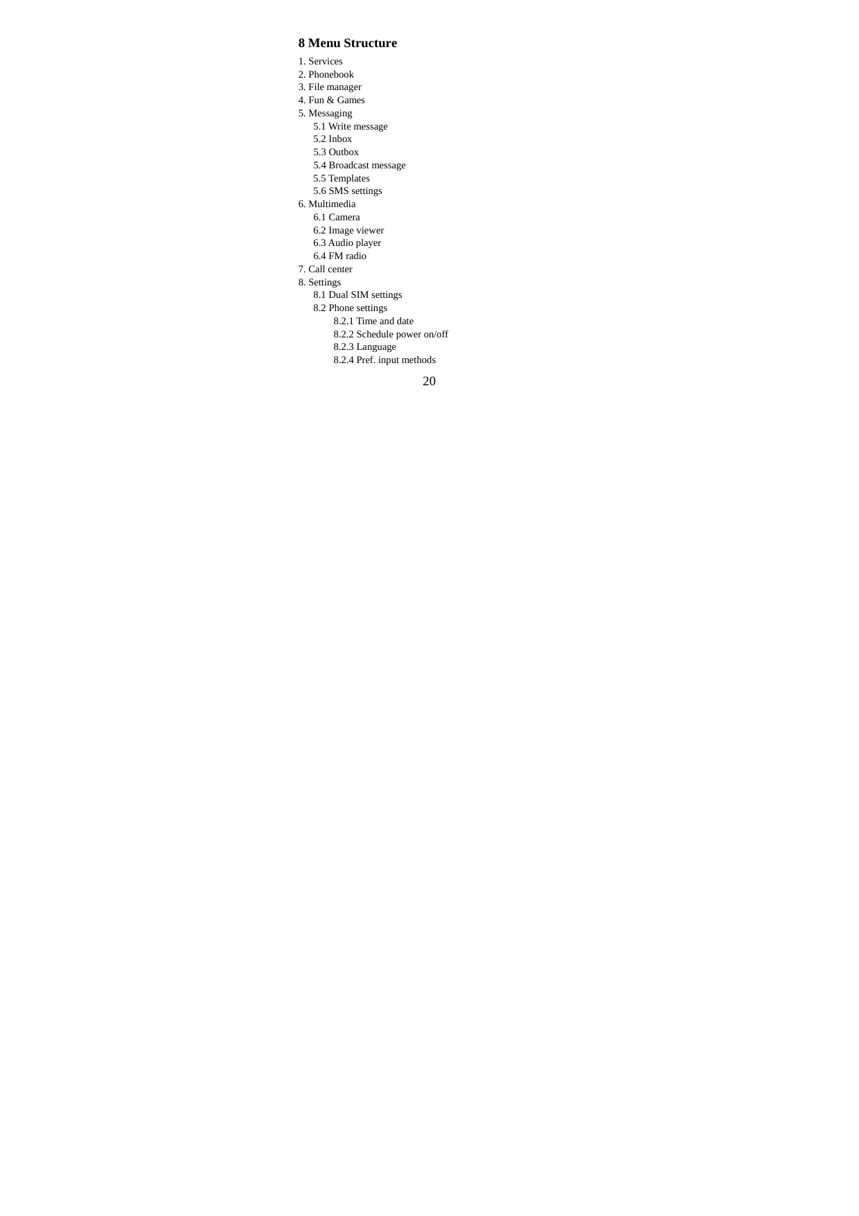  208 Menu Structure 1. Services 2. Phonebook 3. File manager 4. Fun &amp; Games 5. Messaging    5.1 Write message    5.2 Inbox   5.3 Outbox 5.4 Broadcast message    5.5 Templates    5.6 SMS settings 6. Multimedia 6.1 Camera    6.2 Image viewer    6.3 Audio player   6.4 FM radio 7. Call center 8. Settings    8.1 Dual SIM settings    8.2 Phone settings        8.2.1 Time and date        8.2.2 Schedule power on/off        8.2.3 Language        8.2.4 Pref. input methods 