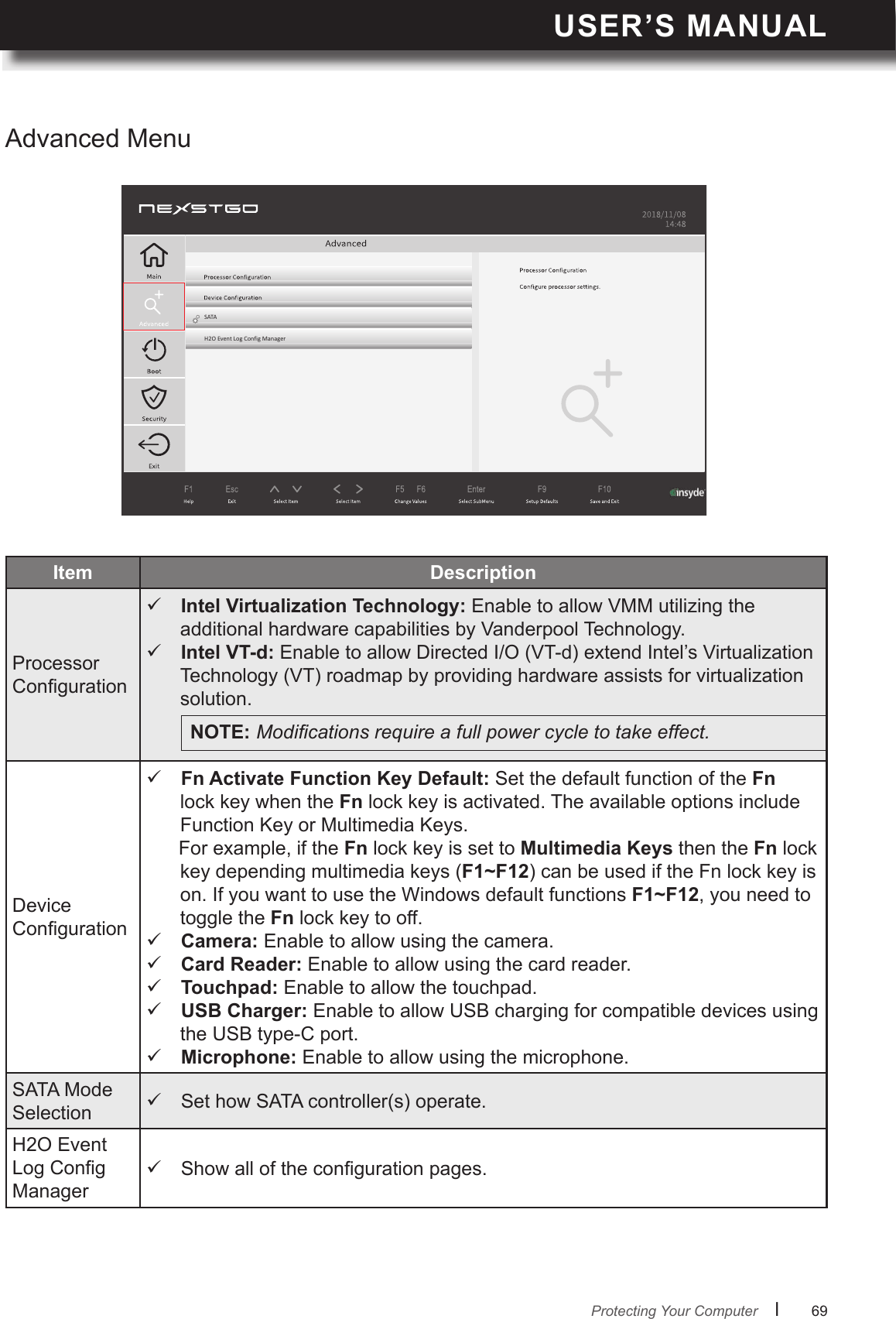 USER’S MANUALl      69       Protecting Your ComputerAdvanced MenuH2O Event Log ConfigManagerSATAItem Processor Conguration Intel Virtualization Technology: Enable to allow VMM utilizing the additional hardware capabilities by Vanderpool Technology.  Intel VT-d: Enable to allow Directed I/O (VT-d) extend Intel’s Virtualization Technology (VT) roadmap by providing hardware assists for virtualization solution.Device Conguration  Set the default function of the Fn lock key when the Fn lock key is activated. The available options include Function Key or Multimedia Keys.      For example, if the Fn lock key is set to Multimedia Keys then the Fn lock key depending multimedia keys (F1~F12) can be used if the Fn lock key is on. If you want to use the Windows default functions F1~F12, you need to toggle the Fn lock key to off. Camera: Enable to allow using the camera. Card Reader: Enable to allow using the card reader. Touchpad: Enable to allow the touchpad. USB Charger: Enable to allow USB charging for compatible devices using the USB type-C port. Microphone: Enable to allow using the microphone.SATA Mode Selection  Set how SATA controller(s) operate.H2O Event Log Cong Manager Show all of the conguration pages.NOTE:Modicationsrequireafullpowercycletotakeeffect.