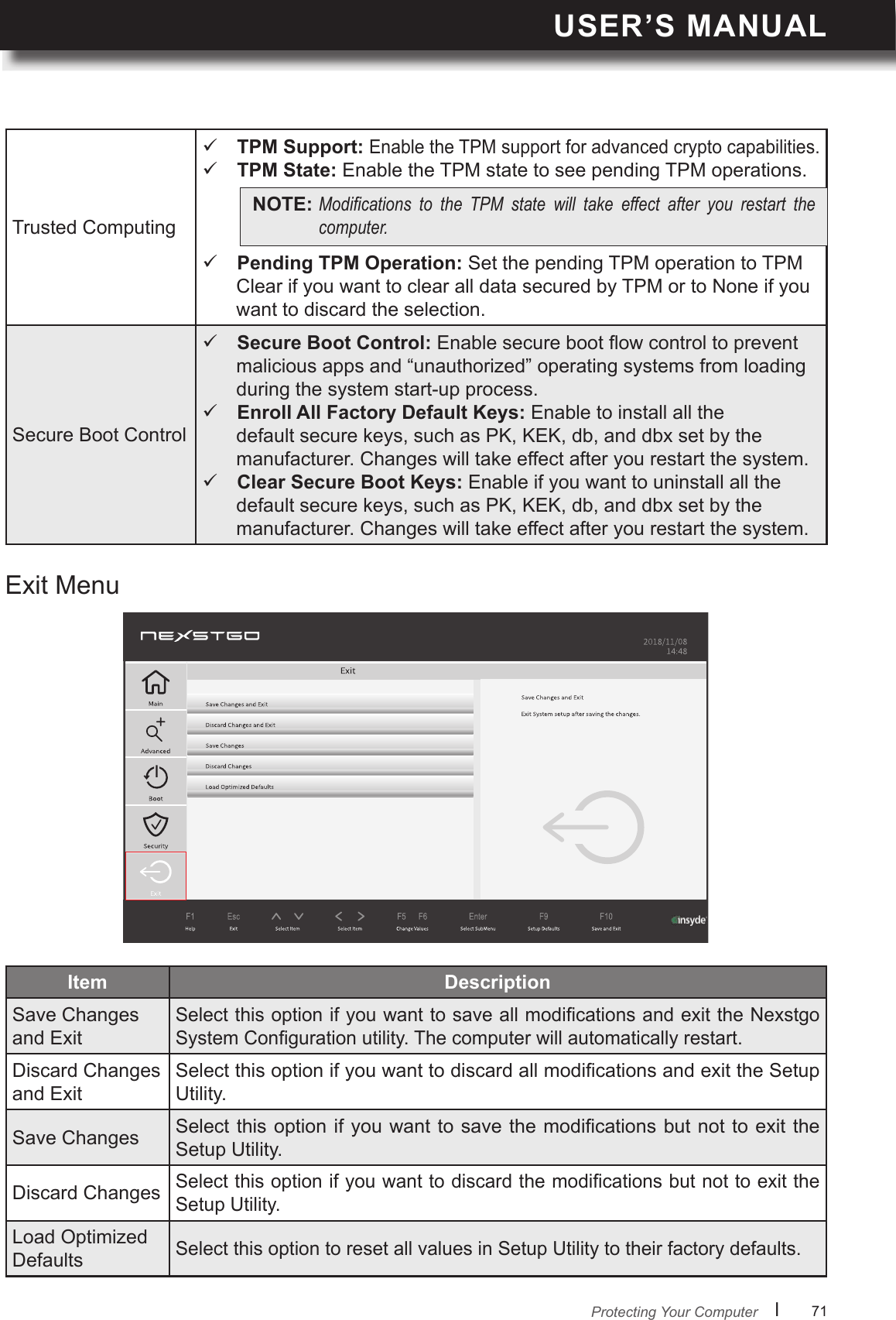 USER’S MANUALl      71       Protecting Your ComputerTrusted Computing TPM Support: Enable the TPM support for advanced crypto capabilities. TPM State: Enable the TPM state to see pending TPM operations. Pending TPM Operation: Set the pending TPM operation to TPM Clear if you want to clear all data secured by TPM or to None if you want to discard the selection.Secure Boot Control Secure Boot Control: Enable secure boot ow control to prevent malicious apps and “unauthorized” operating systems from loading during the system start-up process.  Enable to install all the default secure keys, such as PK, KEK, db, and dbx set by the manufacturer. Changes will take effect after you restart the system. Clear Secure Boot Keys: Enable if you want to uninstall all the default secure keys, such as PK, KEK, db, and dbx set by the manufacturer. Changes will take effect after you restart the system.NOTE: Modications to the TPM state will take effect after you restart thecomputer.Exit MenuItem Save Changes and ExitSelect this option if you want to save all modications and exit the Nexstgo System Conguration utility. The computer will automatically restart. Discard Changes and ExitSelect this option if you want to discard all modications and exit the Setup Utility.Save Changes Select this option if you want to save the modications but not to exit the Setup Utility.Discard ChangesSelect this option if you want to discard the modications but not to exit the Setup Utility.Load Optimized DefaultsSelect this option to reset all values in Setup Utility to their factory defaults.