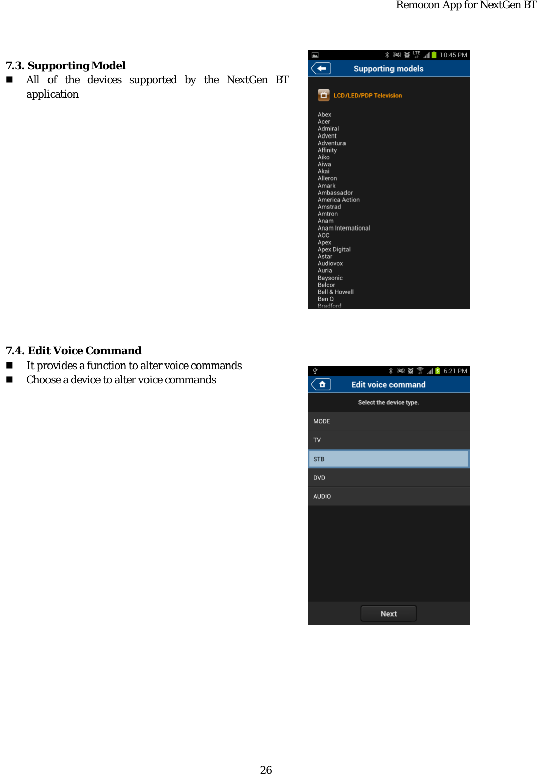  Remocon App for NextGen BT   26   7.3. Supporting Model  All of the devices supported by the NextGen BT application                   7.4. Edit Voice Command  It provides a function to alter voice commands  Choose a device to alter voice commands                           