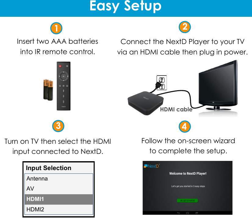 Easy Setup Insert two AAA batteries into IR remote control. Connect the NextD Player to your TV via an HDMI cable then plug in power. 1 2 3 4 Turn on TV then select the HDMI input connected to NextD. 2 Input Selection Antenna AV HDMI1 HDMI2 HDMI cable Follow the on-screen wizard to complete the setup. 