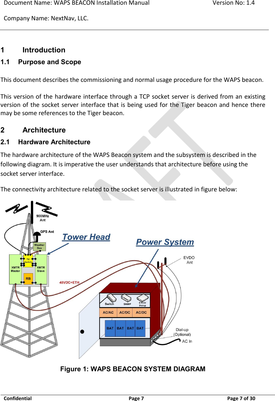 Document Name: WAPS BEACON Installation Manual Version No: 1.4 Company Name: NextNav, LLC.  Confidential  Page 7  11-Sep-12 Page 7 of 30   1 Introduction 1.1 Purpose and Scope This document describes the commissioning and normal usage procedure for the WAPS beacon.  This version of the hardware interface through a TCP socket server is derived from an existing version of the socket server interface that is being used for the Tiger beacon and hence there may be some references to the Tiger beacon.  2 Architecture 2.1 Hardware Architecture The hardware architecture of the WAPS Beacon system and the subsystem is described in the following diagram. It is imperative the user understands that architecture before using the socket server interface.  The connectivity architecture related to the socket server is illustrated in figure below:  Figure 1: WAPS BEACON SYSTEM DIAGRAM  