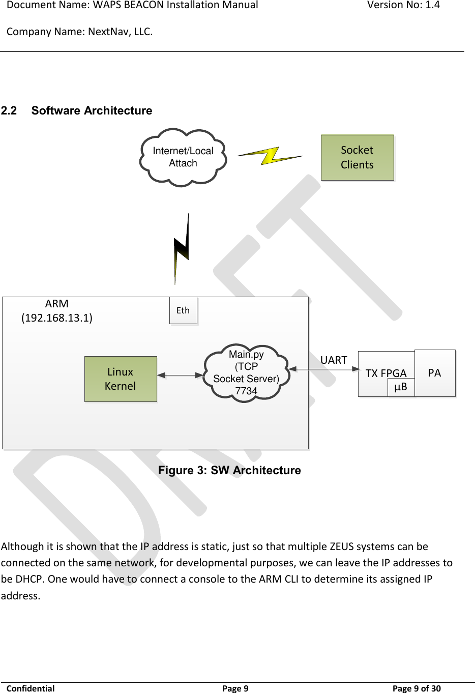 Document Name: WAPS BEACON Installation Manual Version No: 1.4 Company Name: NextNav, LLC.  Confidential  Page 9  11-Sep-12 Page 9 of 30    2.2 Software Architecture TX FPGAUARTμBMain.py(TCPSocket Server)7734ARM (192.168.13.1)LinuxKernelInternet/LocalAttachSocketClientsPAEth Figure 3: SW Architecture   Although it is shown that the IP address is static, just so that multiple ZEUS systems can be connected on the same network, for developmental purposes, we can leave the IP addresses to be DHCP. One would have to connect a console to the ARM CLI to determine its assigned IP address. 